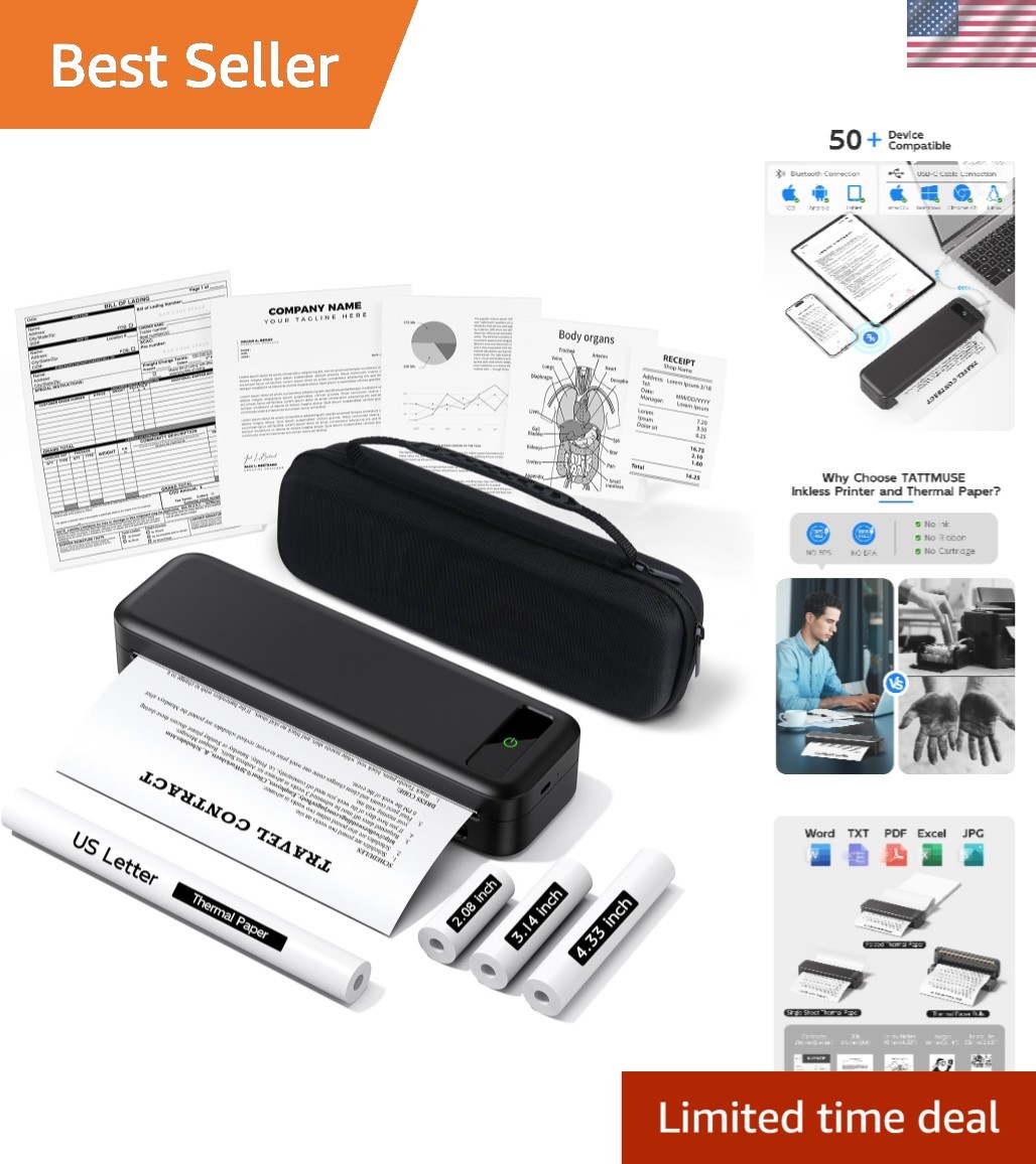 Rechargeable Travel Printer – Supports Multiple Paper Sizes & Comes with 4 Rolls