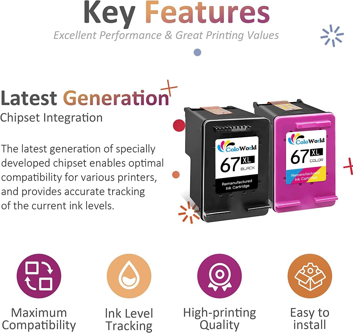 High Yield 67XL XXL Ink Cartridges for HP Deskjet 2700e 2800e 2752e Envy 6000