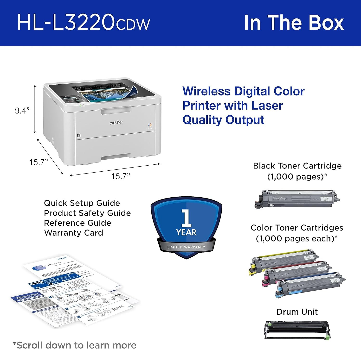 Brother HL-L3220CDW Color Laser Printer – 19ppm, Wireless, Duplex