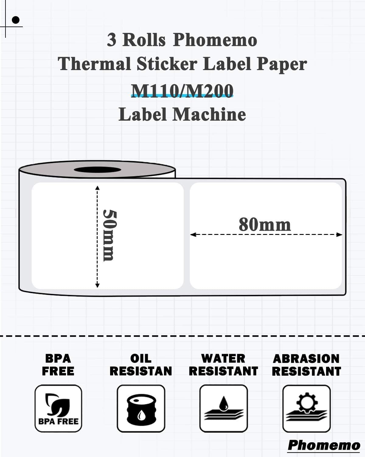 10Roll 50*80mm Sticker Label Adhesive Tag Paper for Phomemo M110/M220 Printer