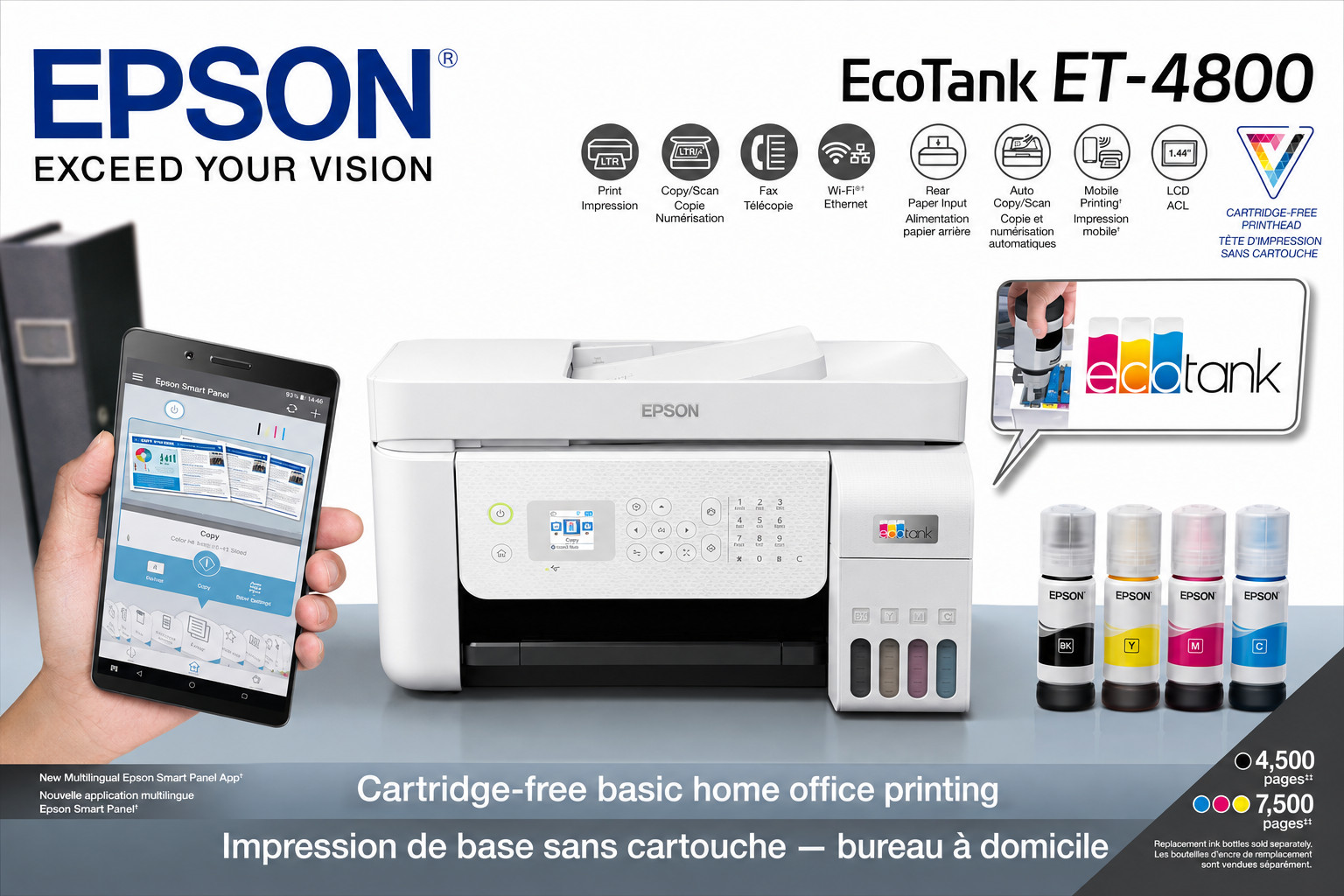 Epson EcoTank ET-4800 Wireless Color All-in-One Printer Scanner Copier Fax NEW