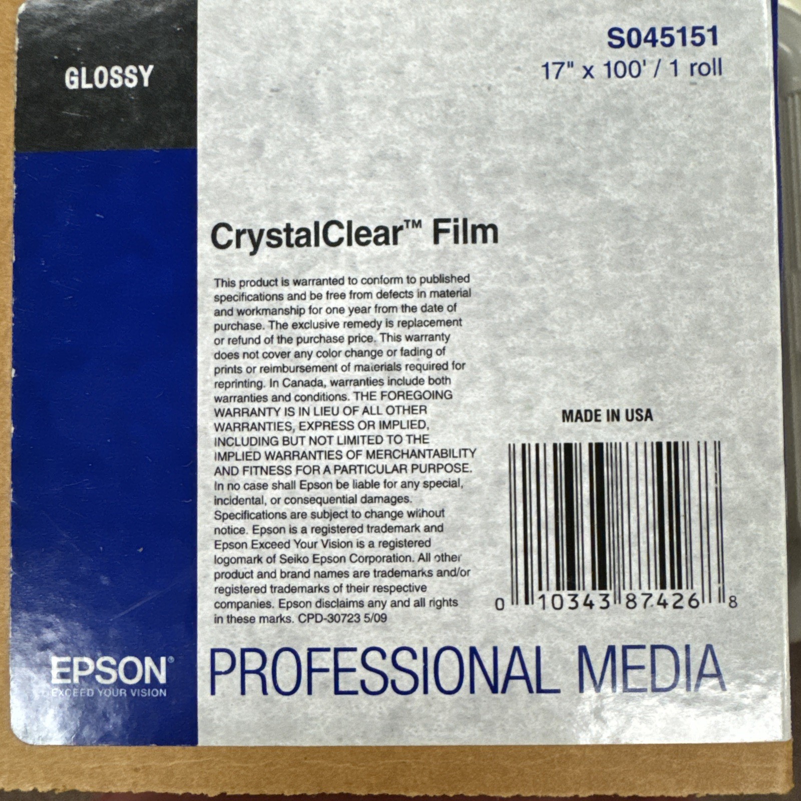 Epson CrystalClear Film – 17″ x 100′ Roll [S045151]