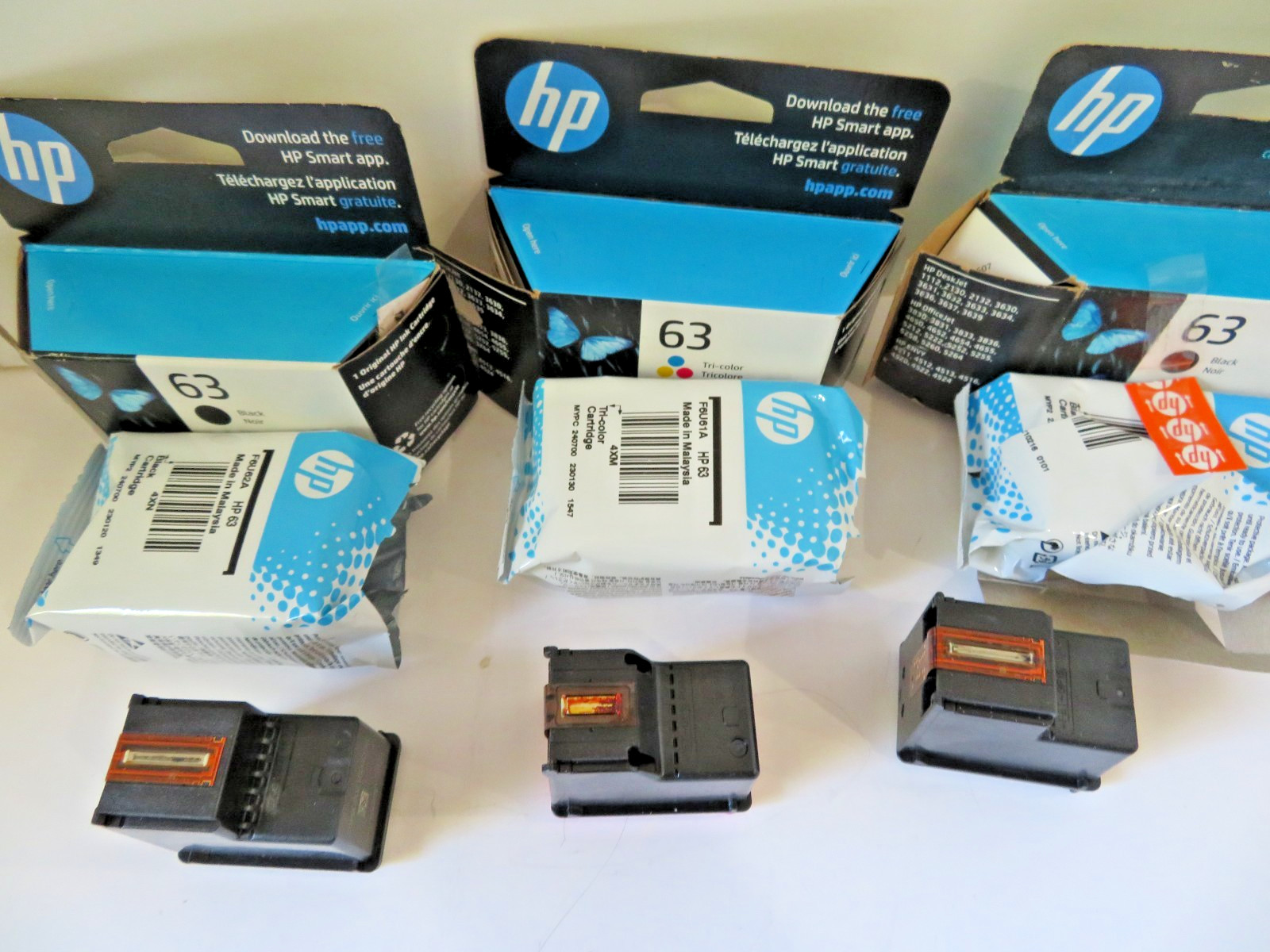 EMPTY HP 63 Combo Ink Cartridges Two HP 63 Black One HP 63 Color