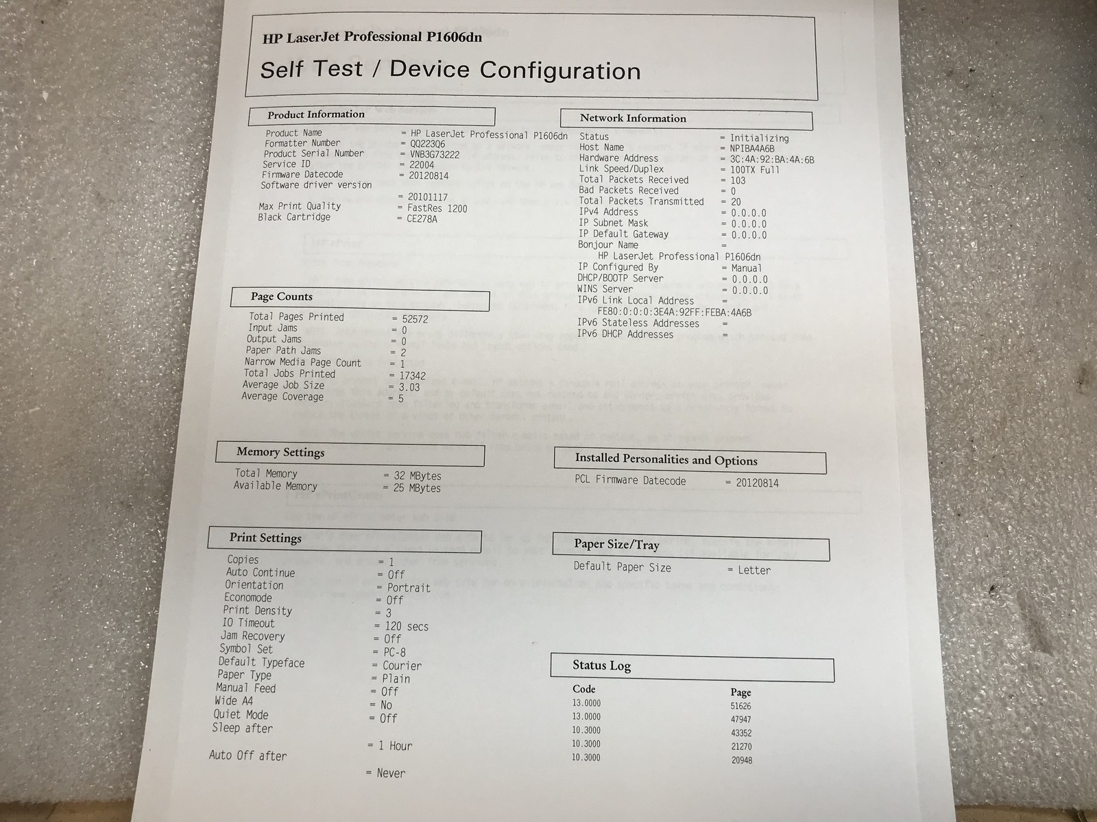HP LaserJet P1606dn CE749A Mono Laser Printer 32MB Duplex 52K Page Count