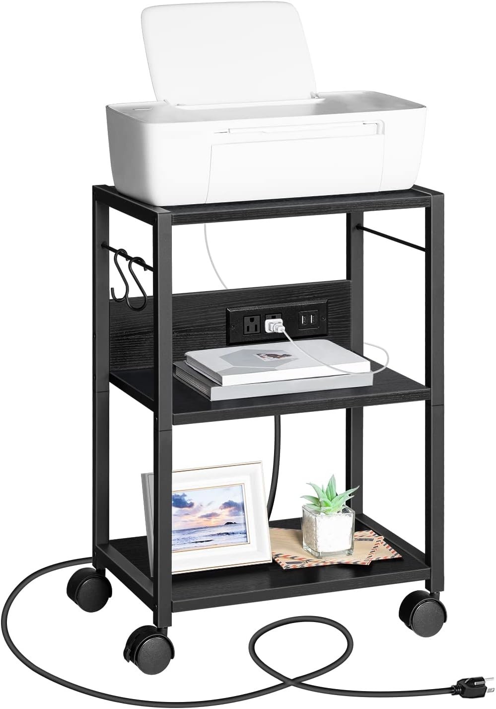 Black Rolling Printer Stand with 3-Tier Shelves & USB Ports for Modern Offices