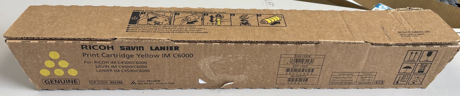 Ricoh Genuine IM C6000 Yellow Toner Print Cartridge 842280 OEM Original C4500