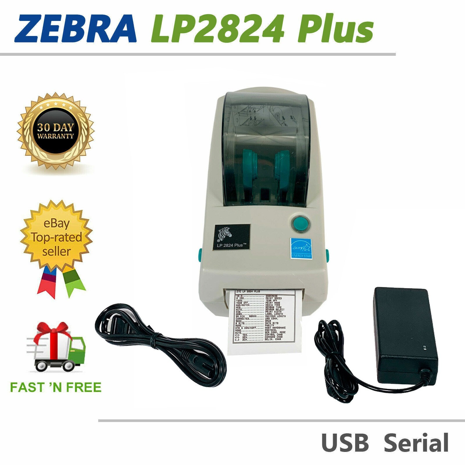 Zebra LP2824 Plus Compact Thermal Label Printer USB Serial with AC Adapter