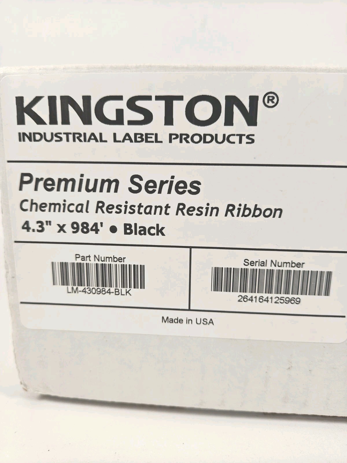 Kingston LM-430984-BLK: Chemical Resistant Resin Ribbon 4.3″ x 984′ on 1″ Core