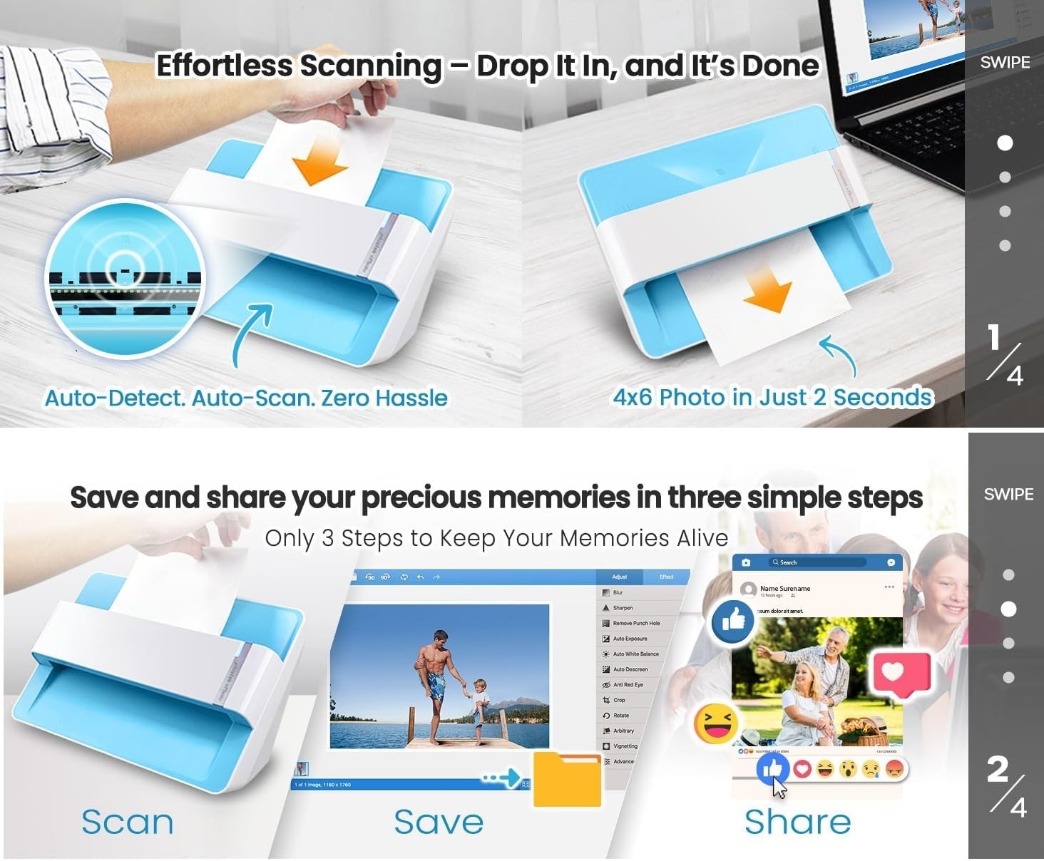 Photo Scanner ePhoto Z300, Scans 4×6 inch Photos in 2 Seconds, Auto crop and des