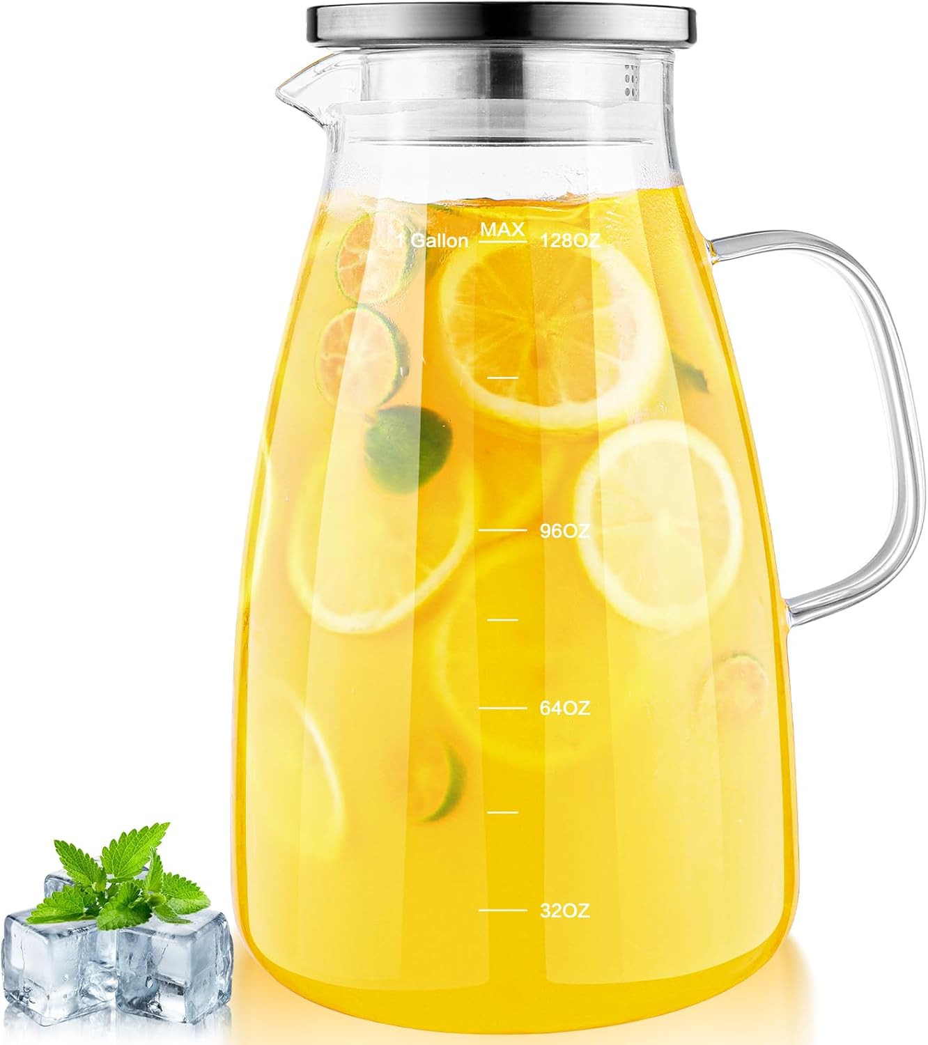 1 Gallon 128Oz Glass Pitcher, Water Pitcher with Lid and Spout, Glass Carafe for