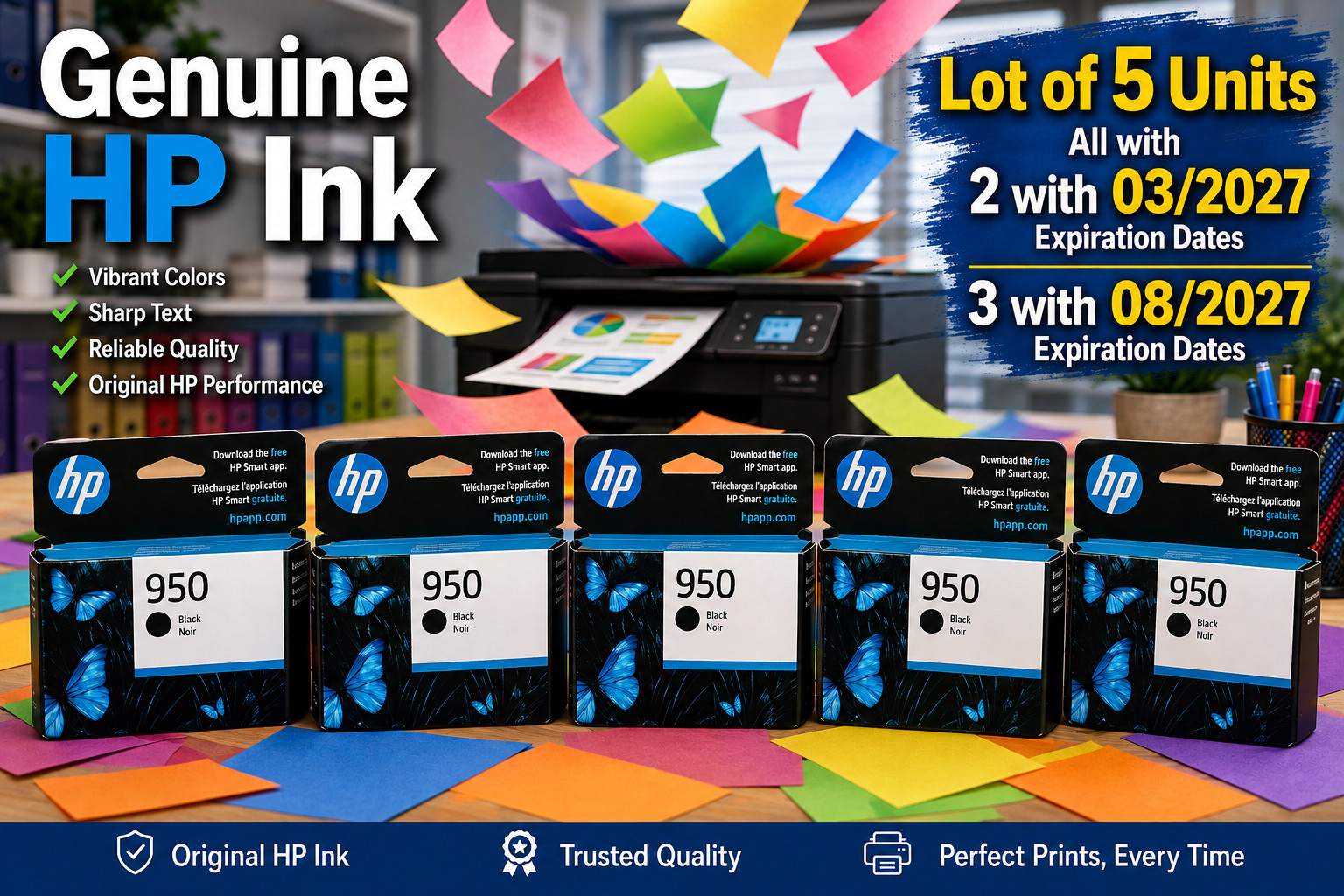 5- Lot HP 950 Black Ink Cartridge Genuine OEM New Sealed Not XL Exp 03 & 08/2027