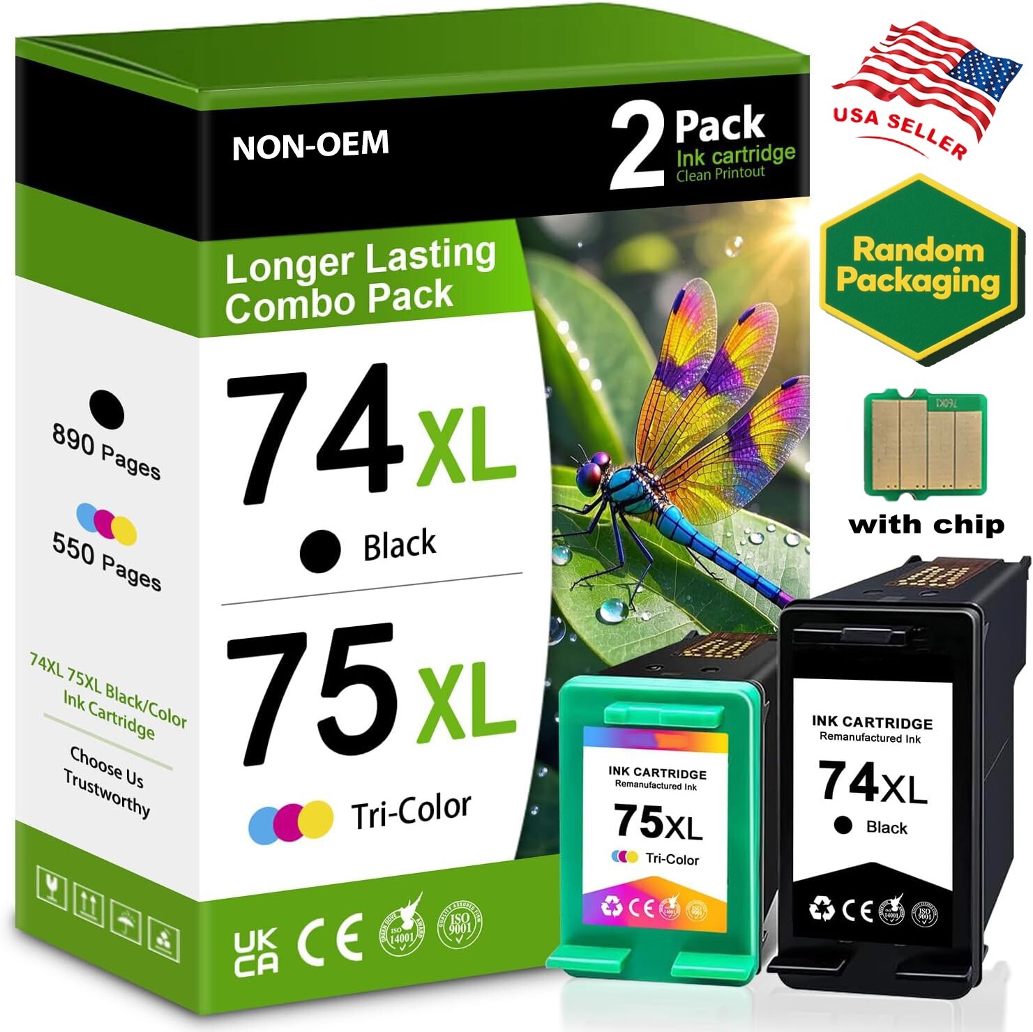 2PK 74XL Black Ink HP 75XL Color CB336WN CB338WN for HP Printers