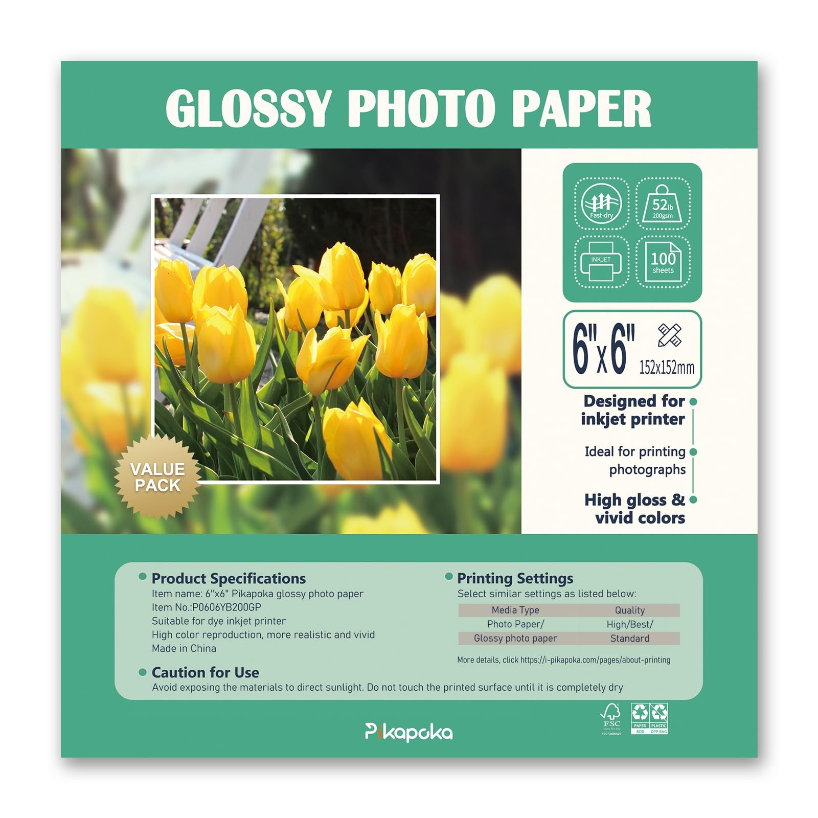 6×6 Inch Glossy Square Photo Paper 52lb 200gsm Dye Inkjet Printer 100 PCS