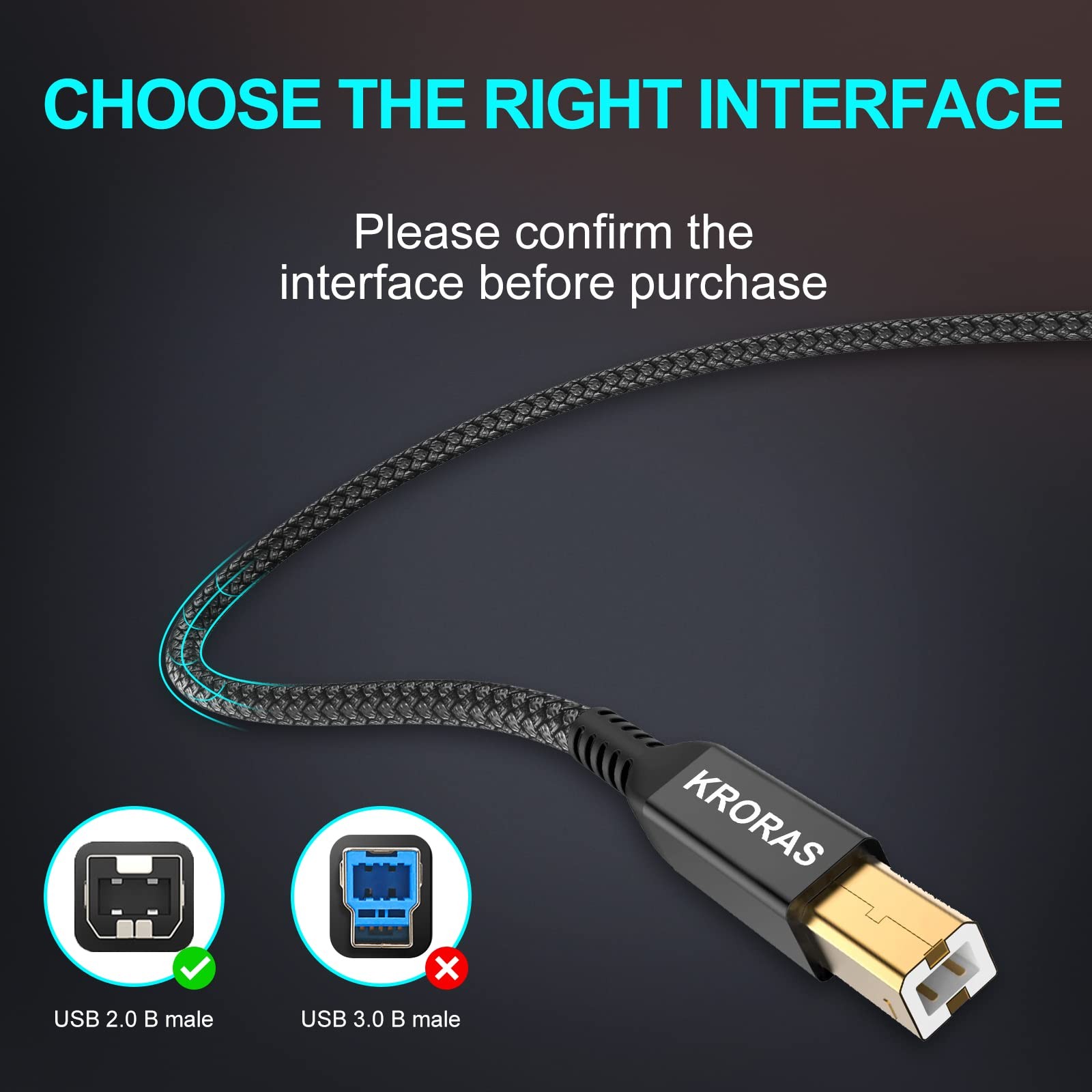 KRORAS USB 2.0 Printer Cable 10 feet, Type A Male to B 10FT, Black