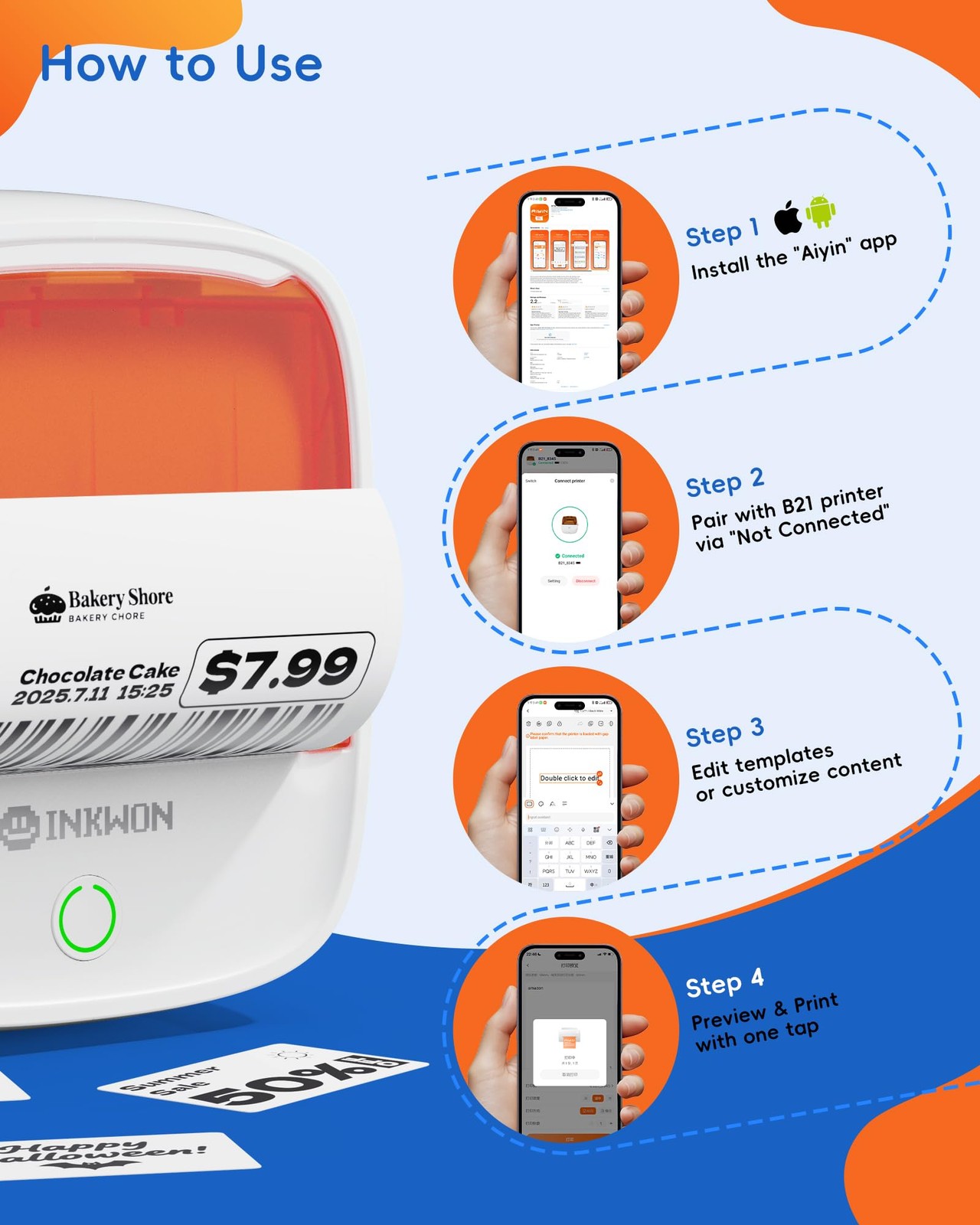 InkWon B21 2-Inch Bluetooth Label Maker Thermal Printer with 3 Tapes