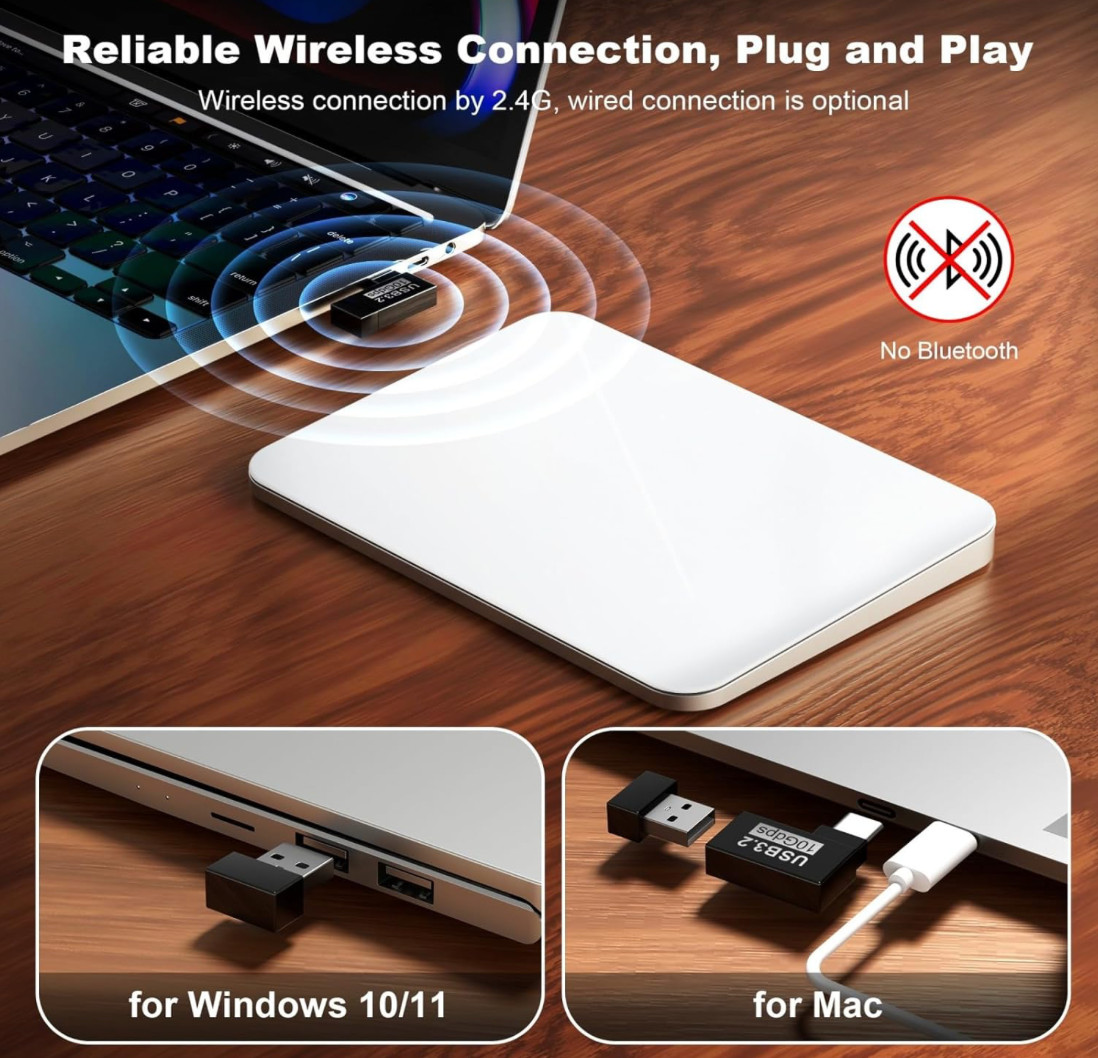 Wireless Trackpad for Mac & Windows with 2.4G USB, 7.5” Glass Surface Touchpad