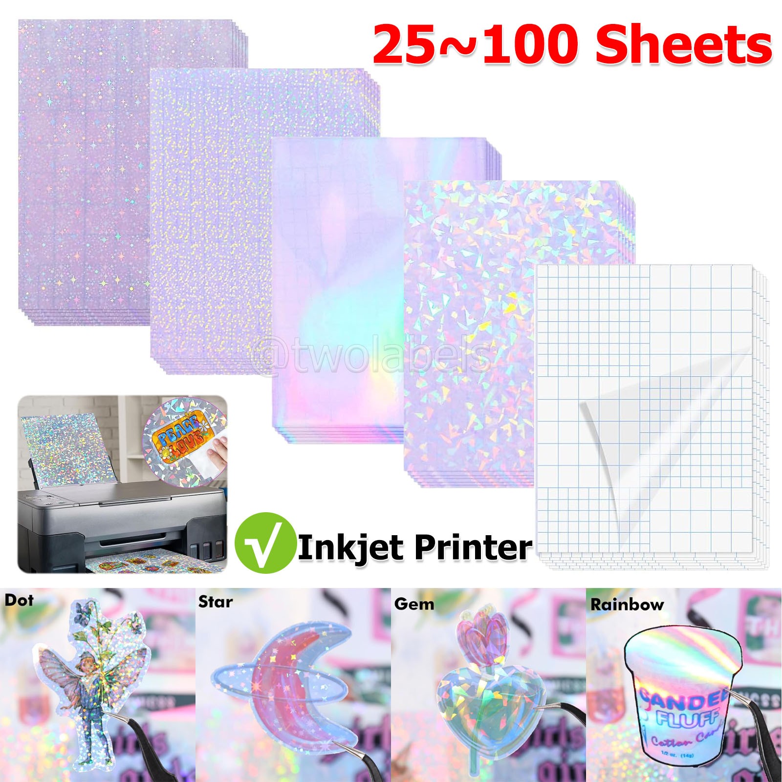 100x Mixed Holographic Vinyl Sticker Paper Waterproof Glossy For Inkjet Printer