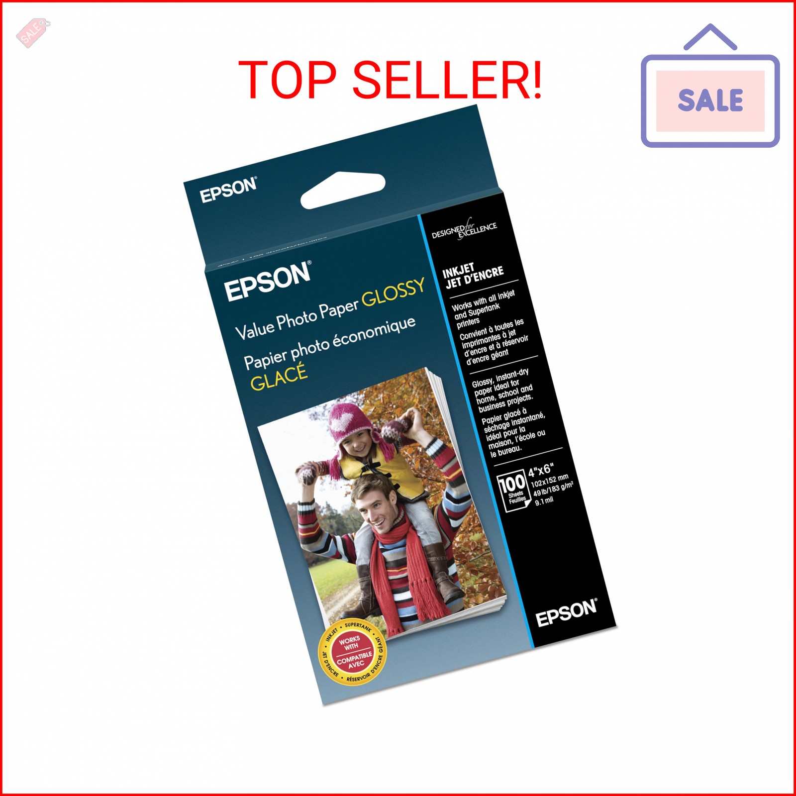 Epson Value Photo Paper Glossy, 4″x6″, 100 Sheets (S400034)