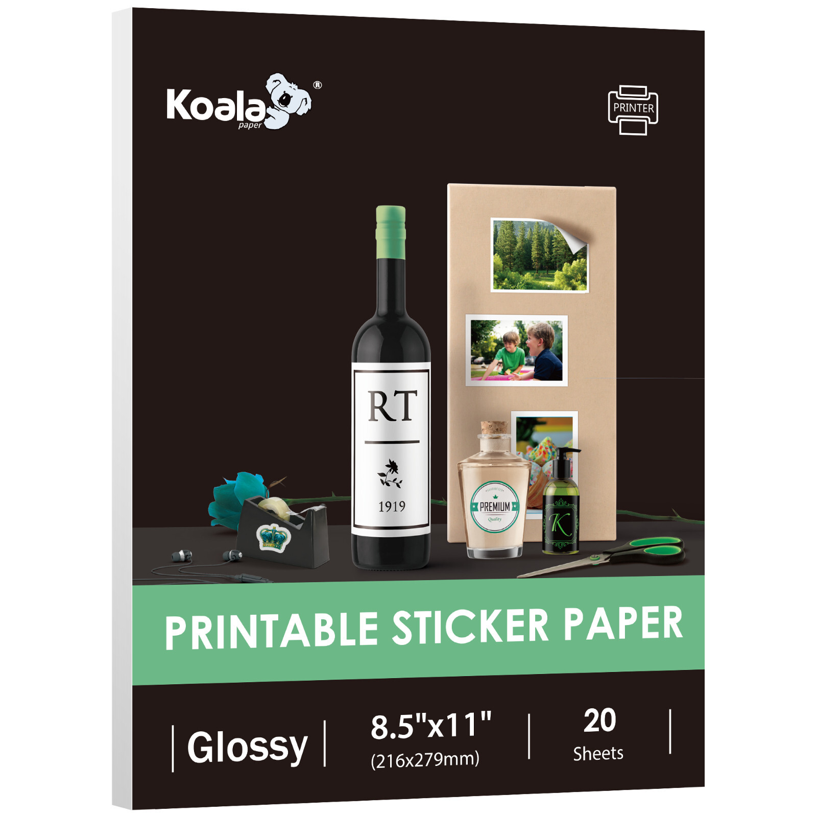 Koala Printable Glossy Sticker Paper for Inkjet + Laser Printer 8.5×11 20 Sheets