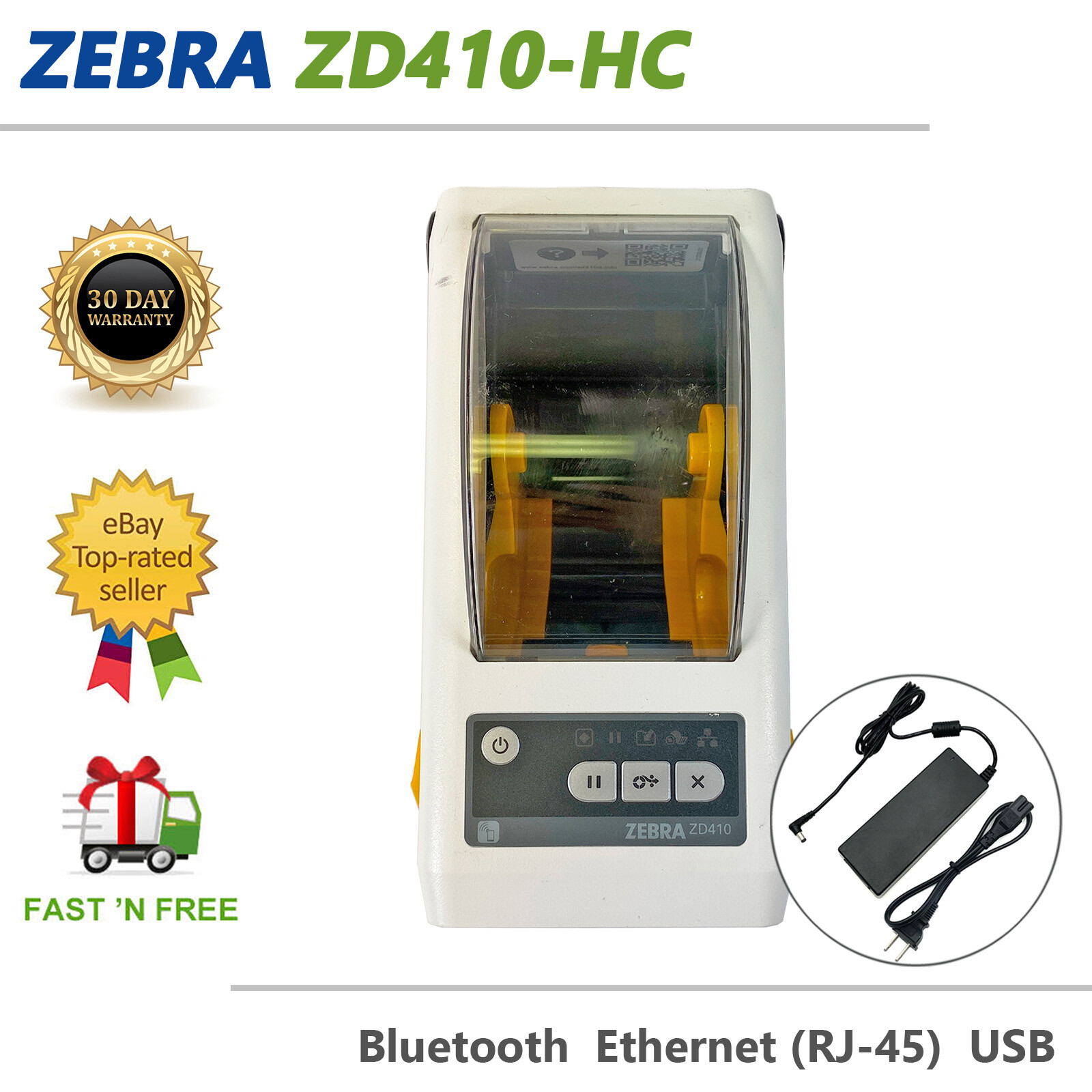 Zebra ZD410-HC Direct Thermal Label Printer USB LAN Bluetooth with AC Adapter