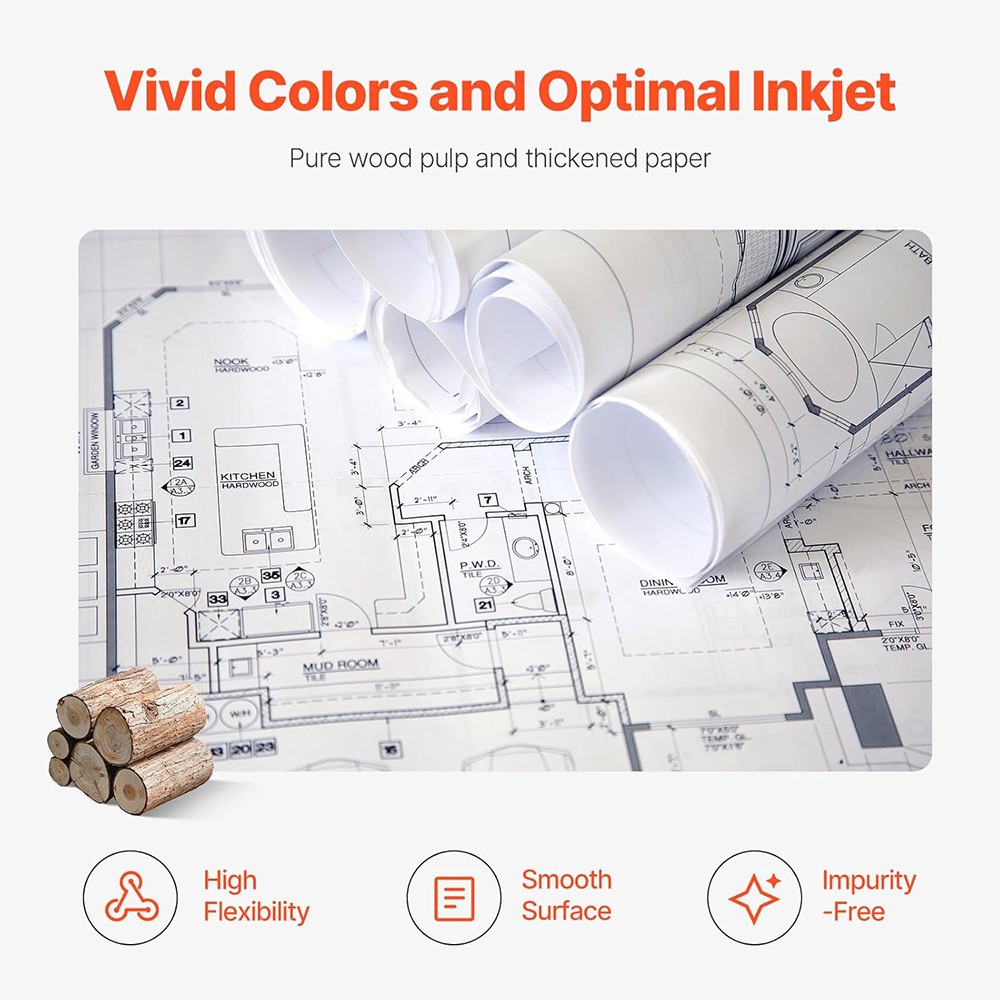 Wide Format Paper Plotter Paper 4 Rolls 24 in x 150 ft CAD Bond Rolls 2″Core