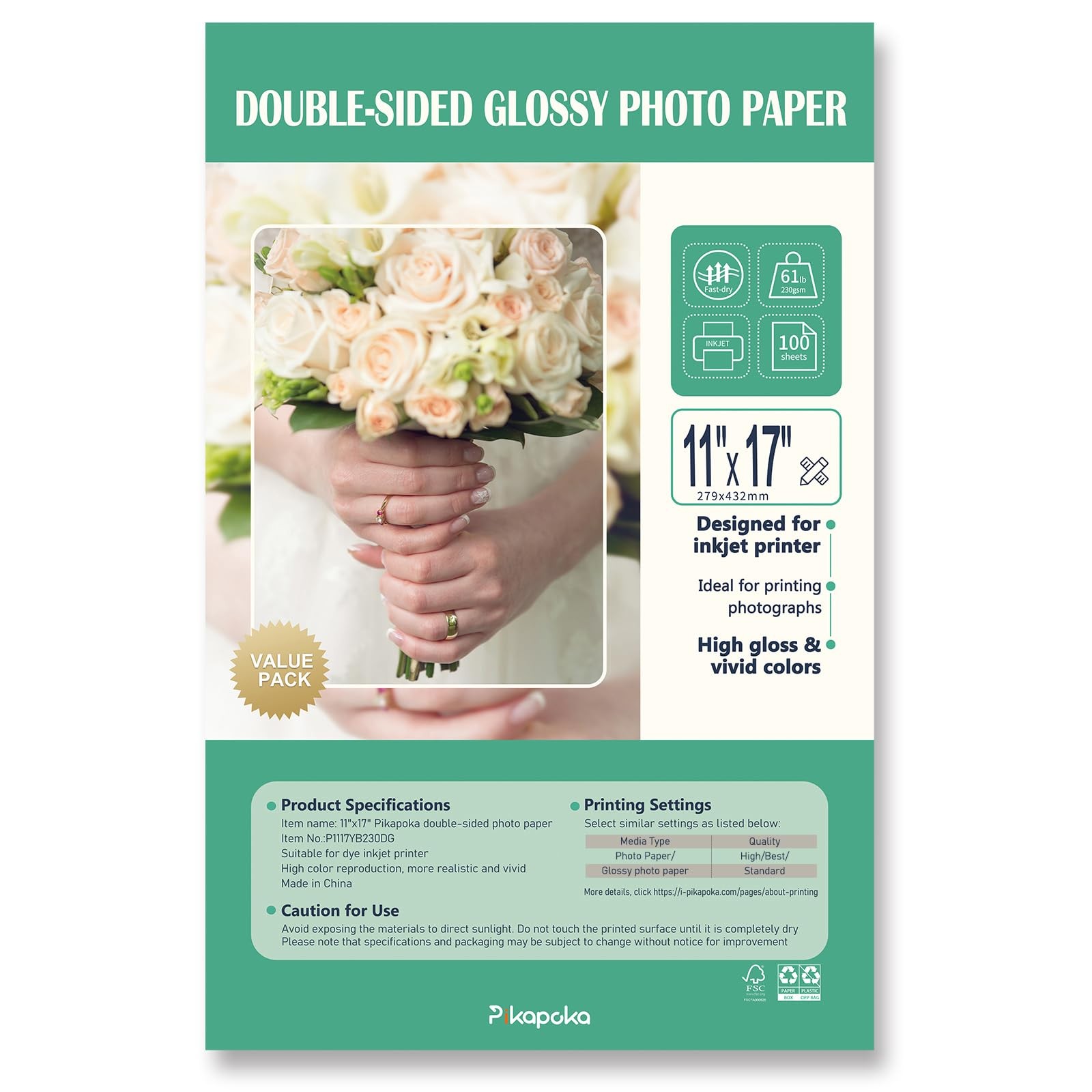 100 PCS Double Sided Glossy Photo Paper 11×17 Inch Thick Cardstock 61lb