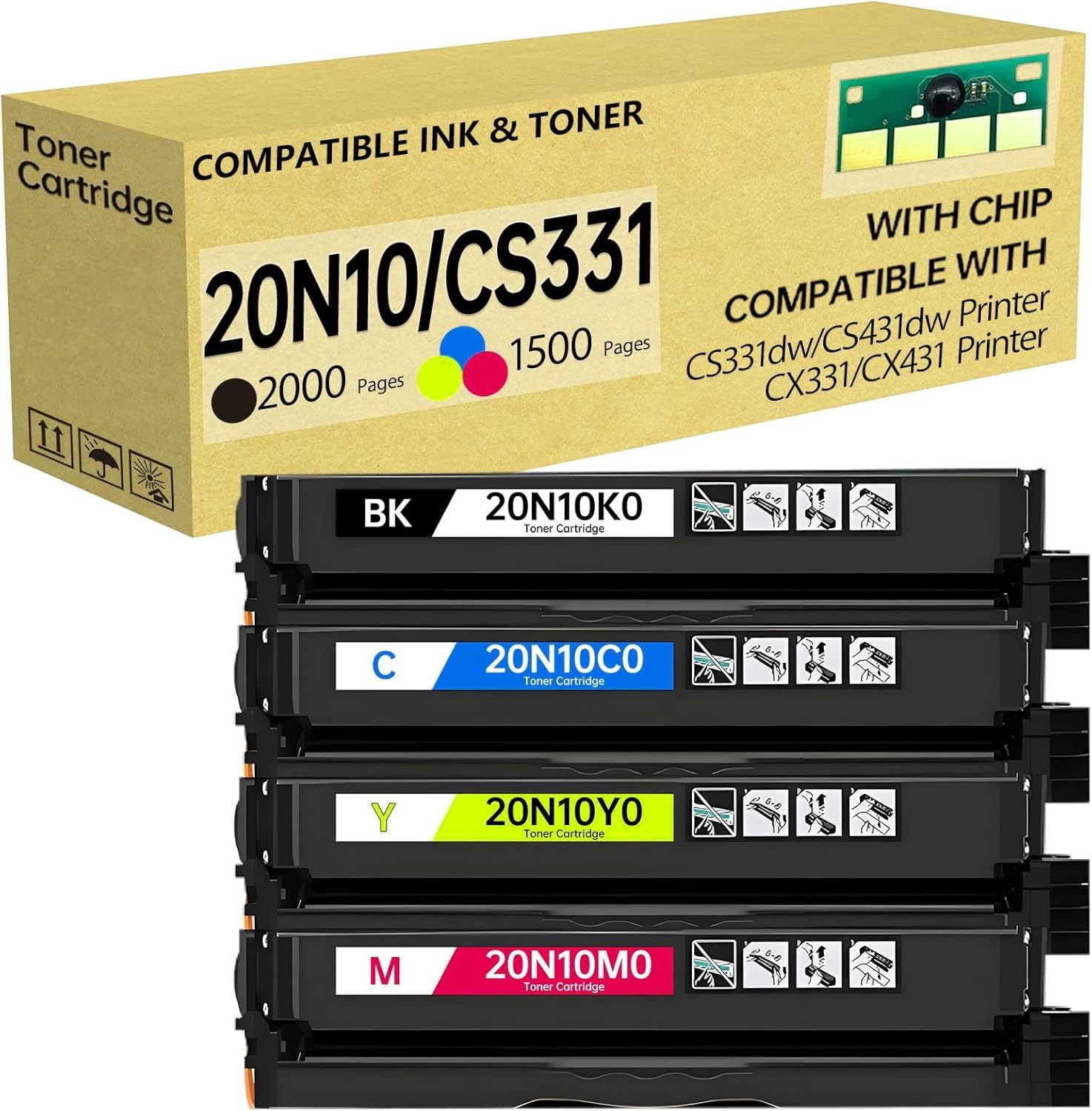 20N10K0 4 Pack 20N10C0 20N10M0 20N10Y0 Toner Compatible for Lexmark 20N10 CS331