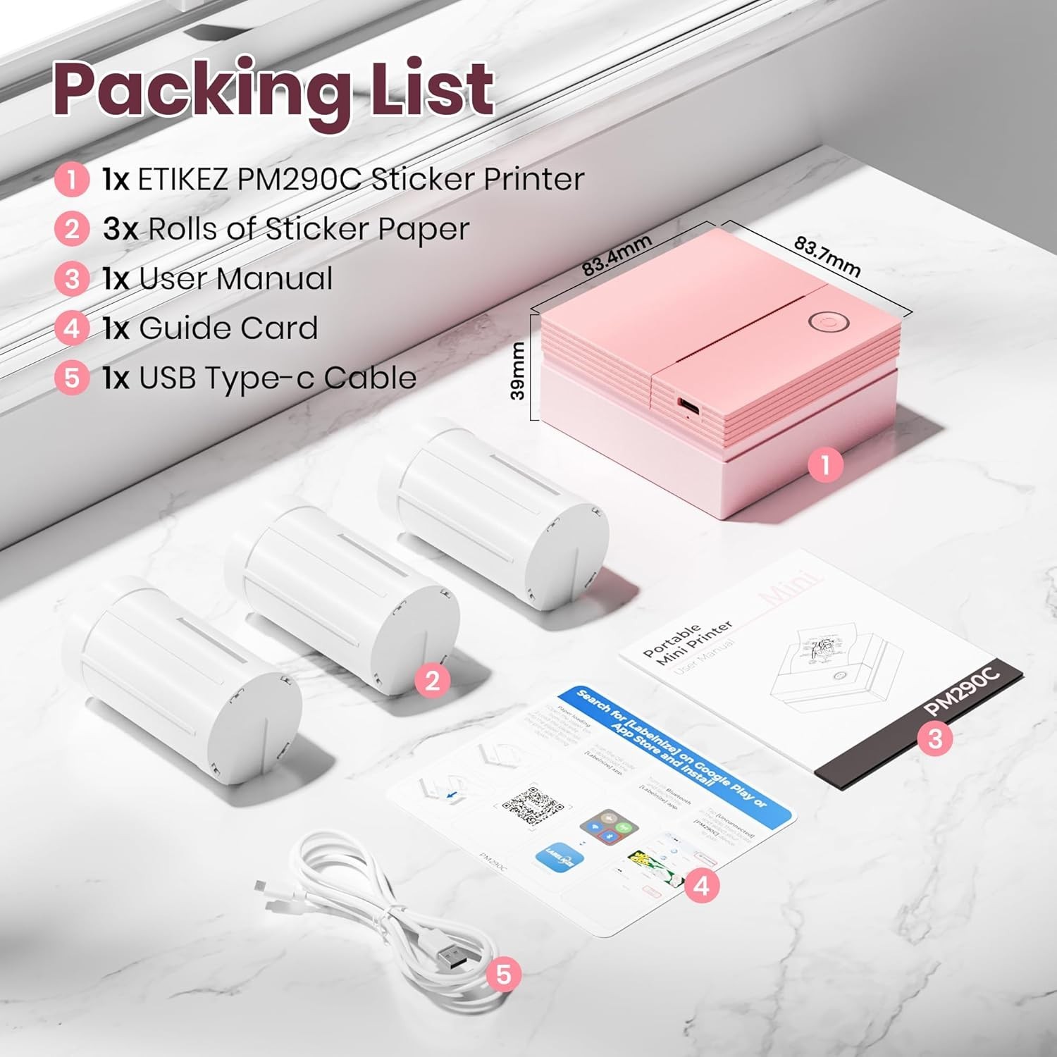 Sticker Printer PM290 Mini Printer Bluetooth Sticker Maker Machine 3 Paper Rolls