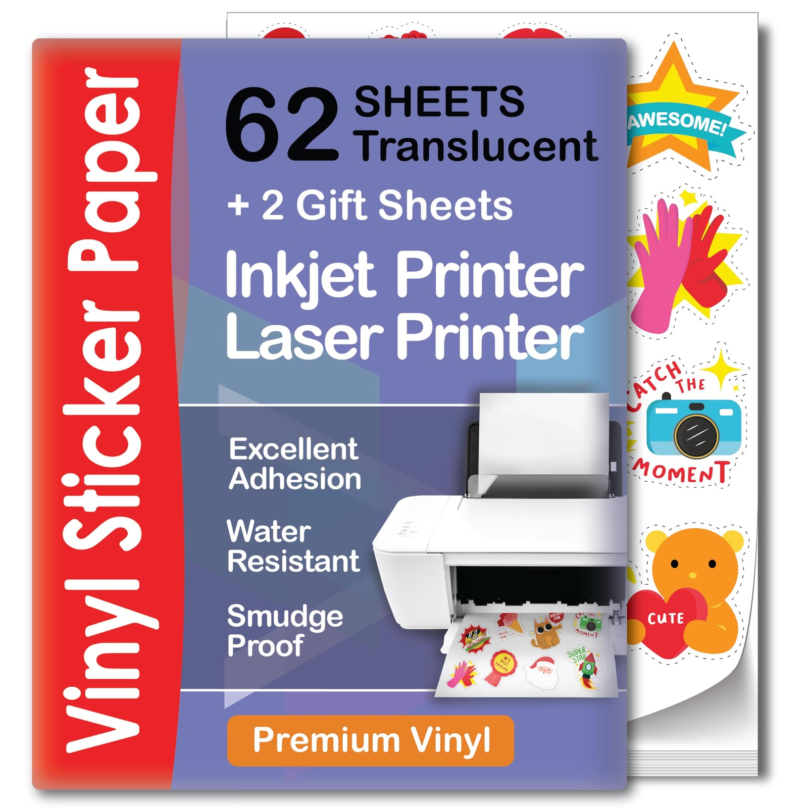 Translucent Semi-Clear Sticker Paper for Inkjet Printer & Laser Printer 62 Sh…