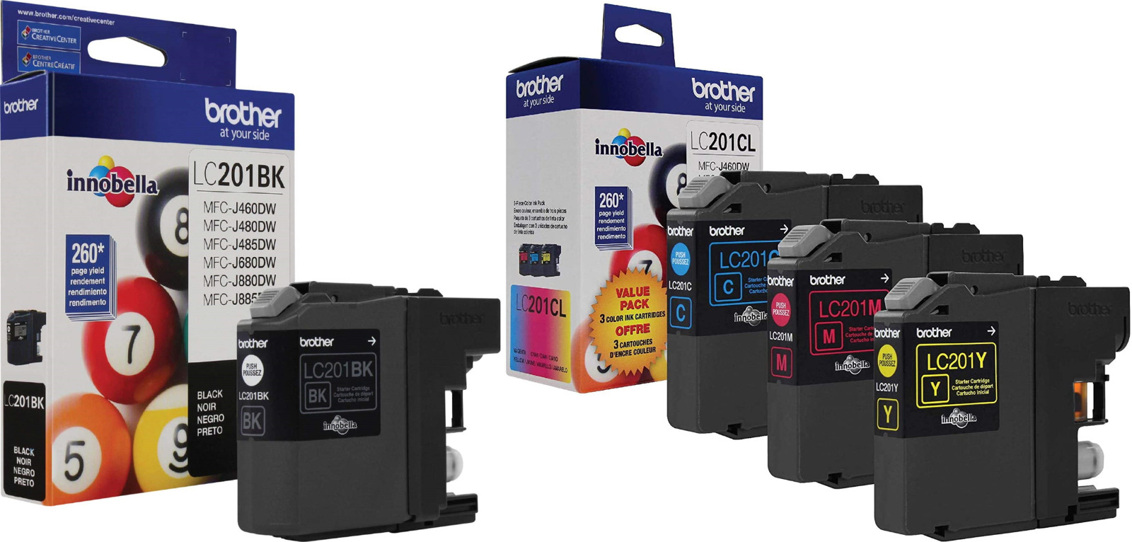 New Genuine Brother LC201 Black Cyan Magenta Yellow 4PK Starter Ink Cartridges