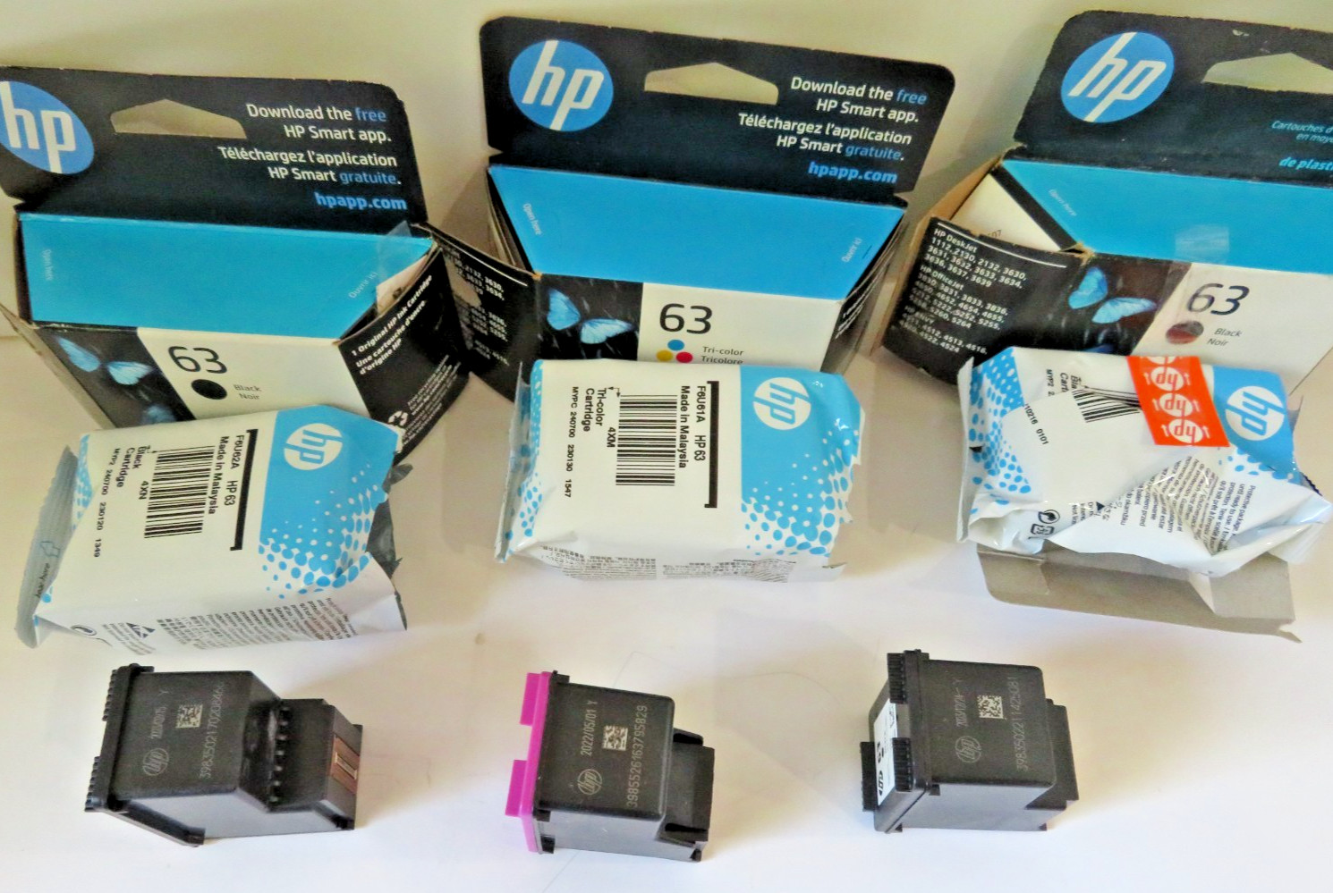 EMPTY HP 63 Combo Ink Cartridges Two HP 63 Black One HP 63 Color