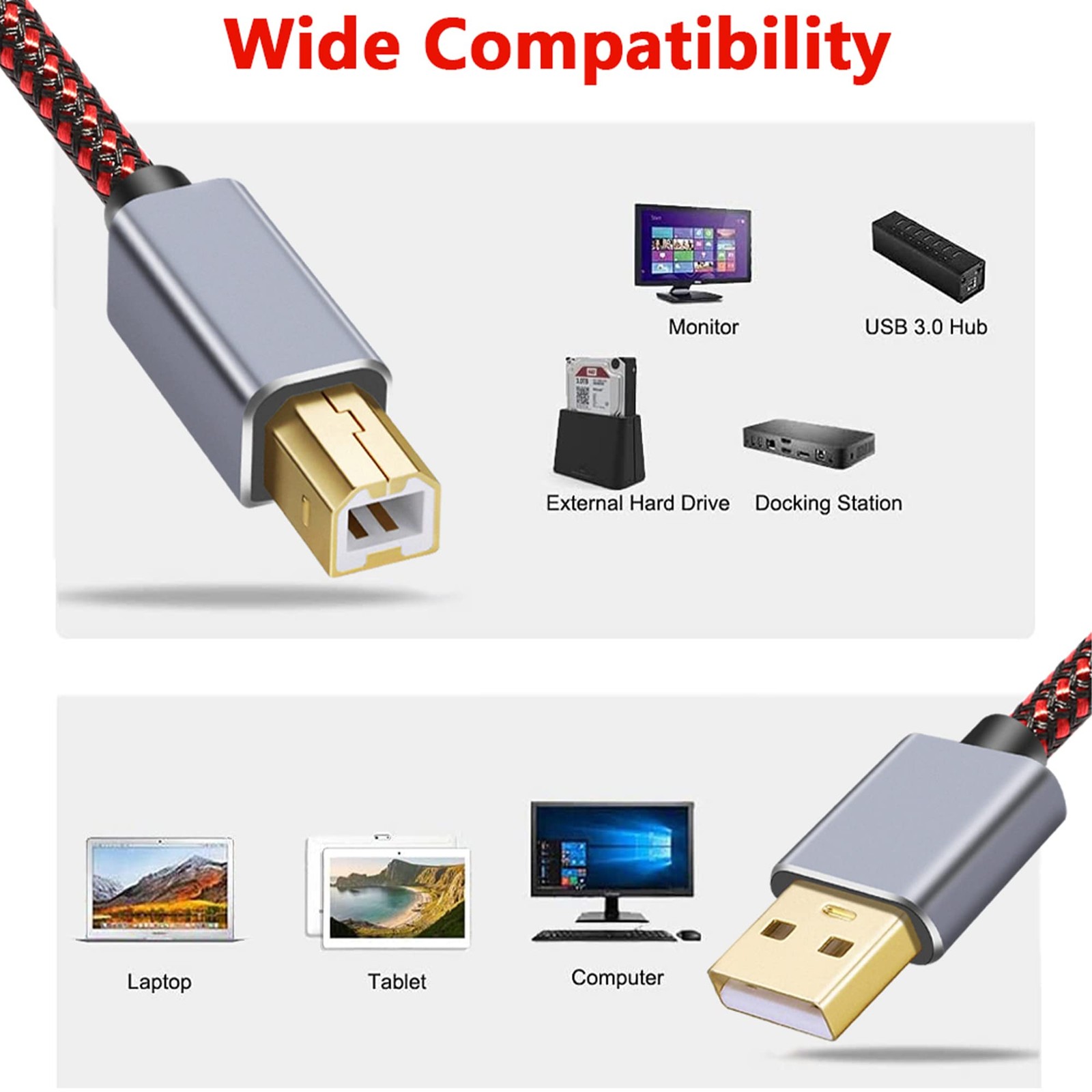 Tiierzon USB Printer Cable – 1.5Ft, Type A Male to B Male, High Speed, 1.5Ft