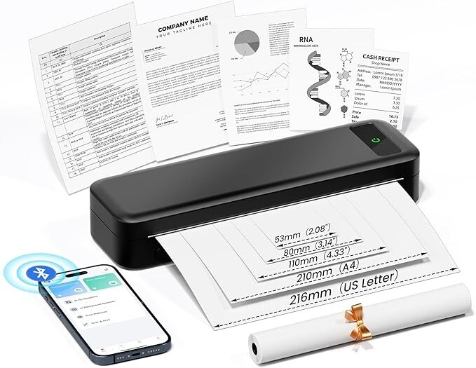Portable Wireless Inkless Thermal Printer – A4/Letter, Bluetooth, iPhone/Android