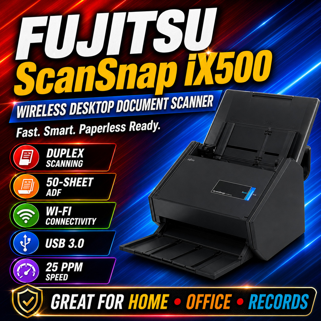 🍀 NICE IN BOX! Fujitsu ScanSnap iX500 Document Scanner Wireless Bundle