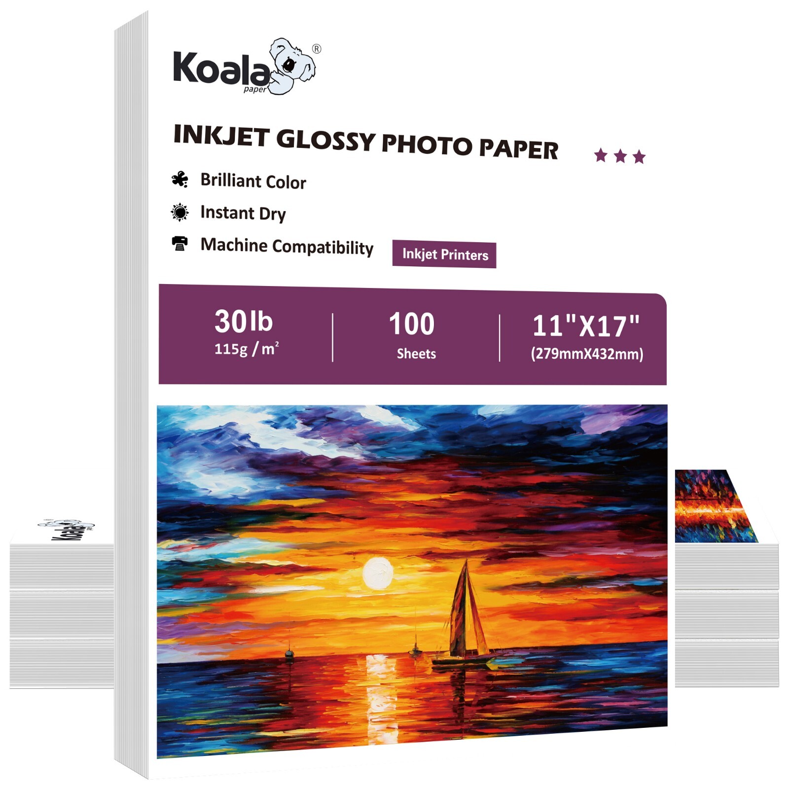 Koala Thin Photo Paper 11×17 30lb Glossy Inkjet Printer Paper 300 Sheets 115gsm