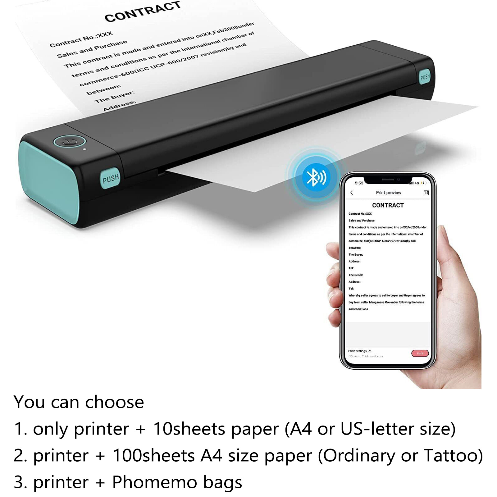 Portable Wireless Bluetooth Phone Small A4 Mobile Thermal Printer Inkless lot