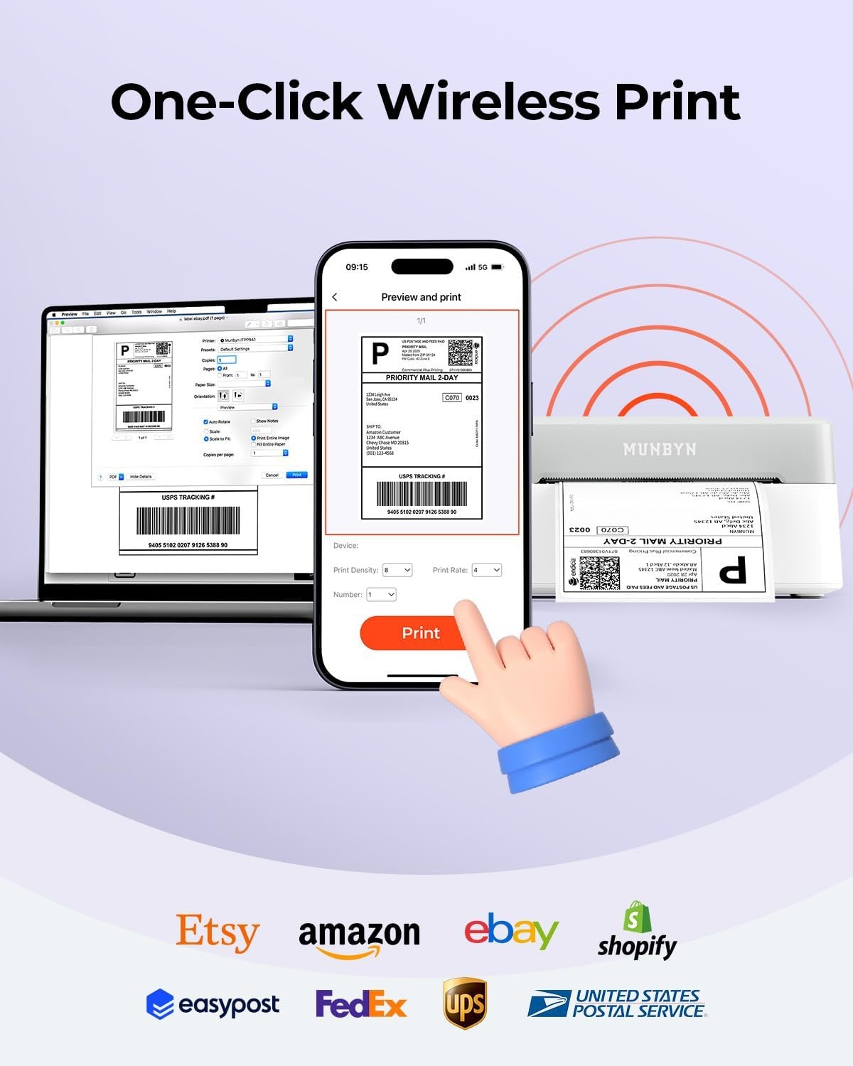 MUNBYN Bluetooth Thermal Label Printer Wireless 4×6 Shipping Label 1.57″-4.2”W