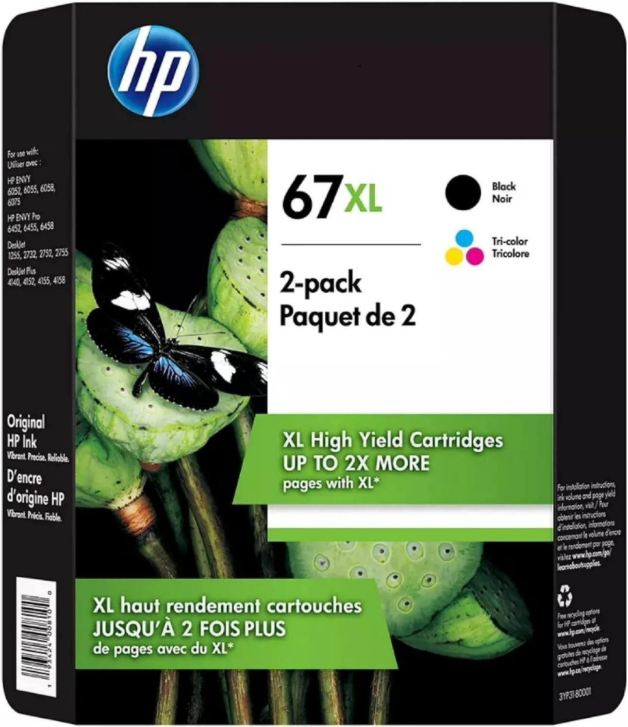 Genuine 2-Pack HP 67XL Black/ Color ink cartridges 3YM57AN 3YM58AN