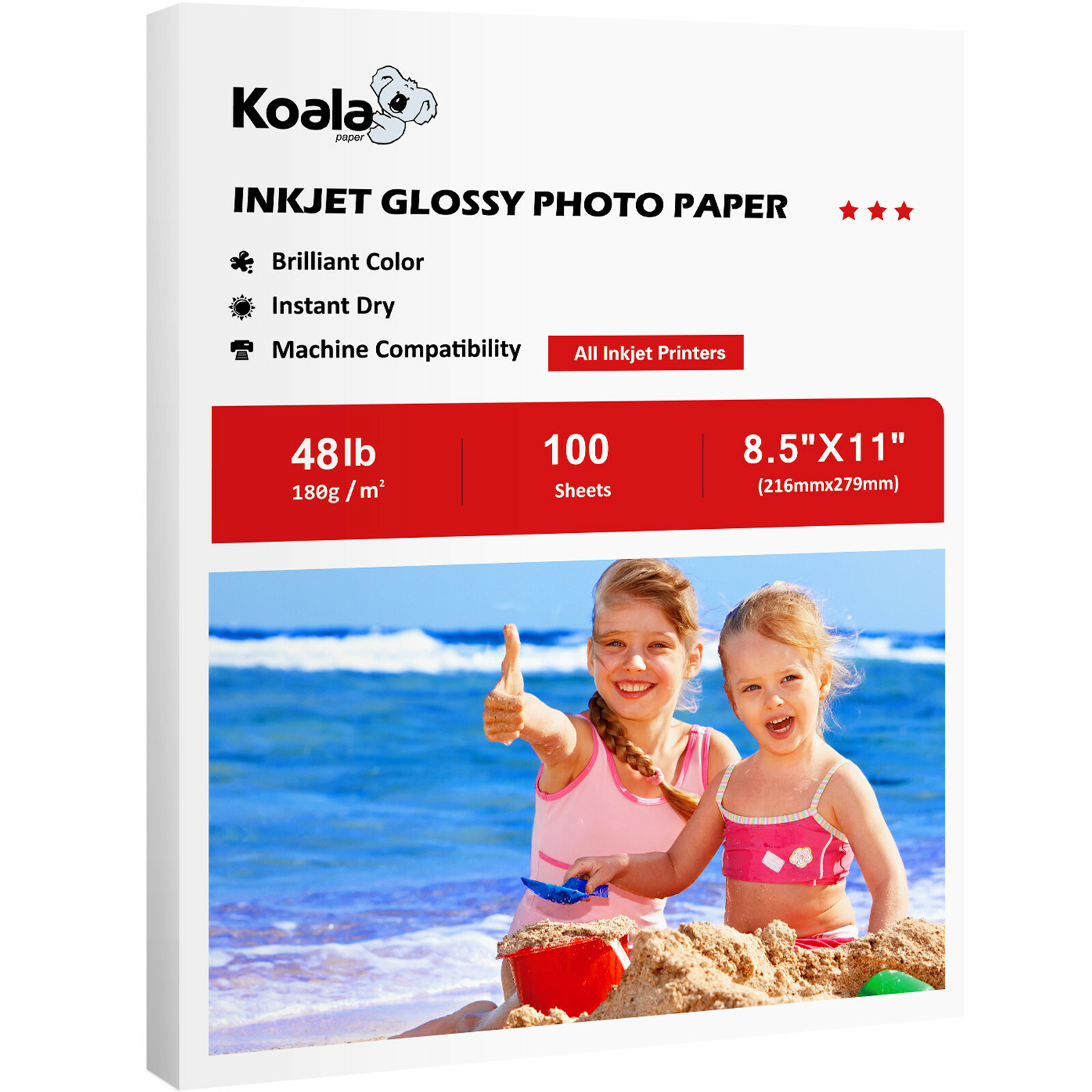 Koala Inkjet Photo Printer Paper 8.5×11 Glossy 48lb 100 Sheets 180g for HP Kodak