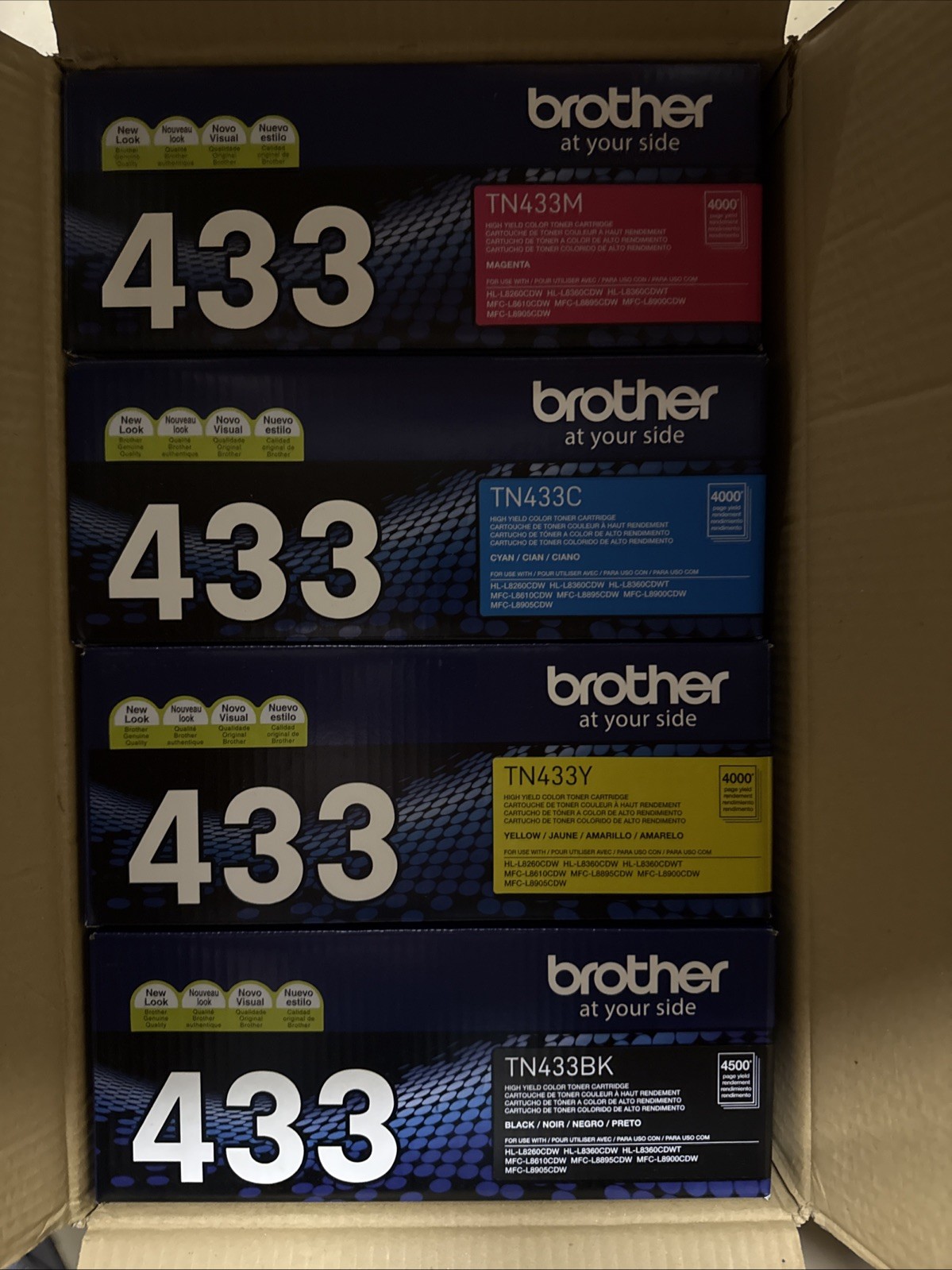 Brother TN433 High-Yield Toner Set Black, Cyan, Magenta, Yellow 4-Pack, New Box