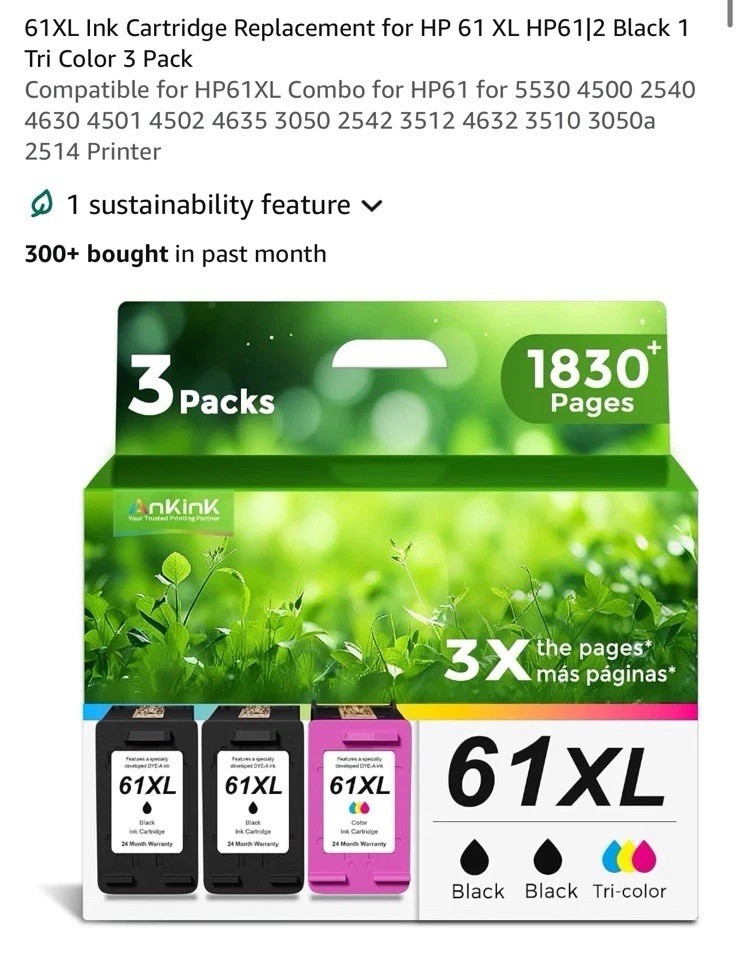 Ankink 3 Pack 61XL Ink Cartridge Compatible Replacement for HP 61 XL 2 Black …