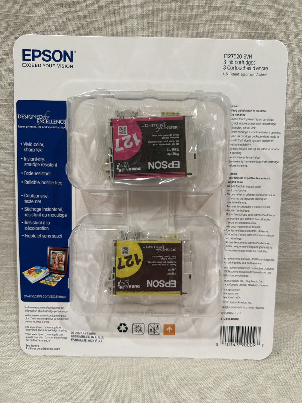 NIB Epson 127 Color Ink Set T127520-SVH OEM, Cyan/Magenta/Yellow ~ Exp 06/2027
