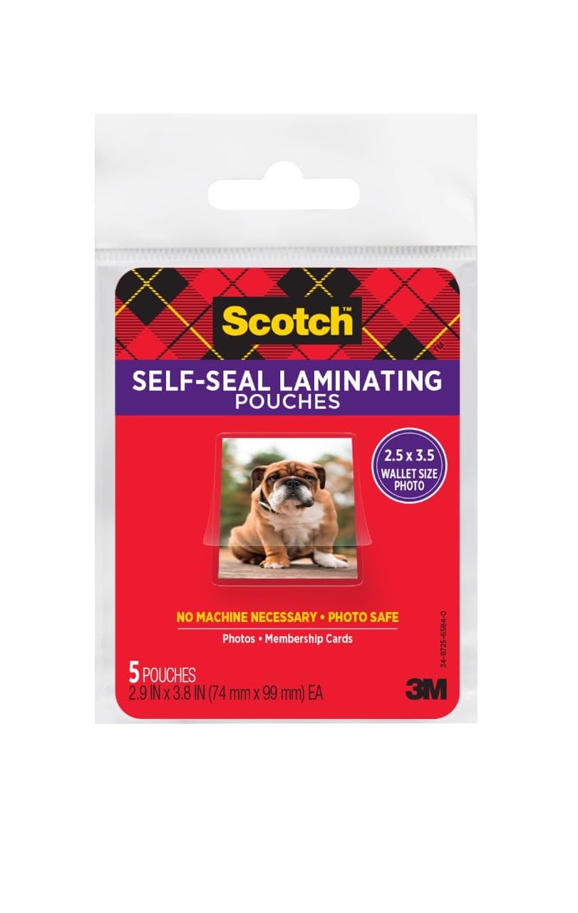 Laminating Pouches Self Sealing Glossy 2.5 x 3.5 Inch Scotch
