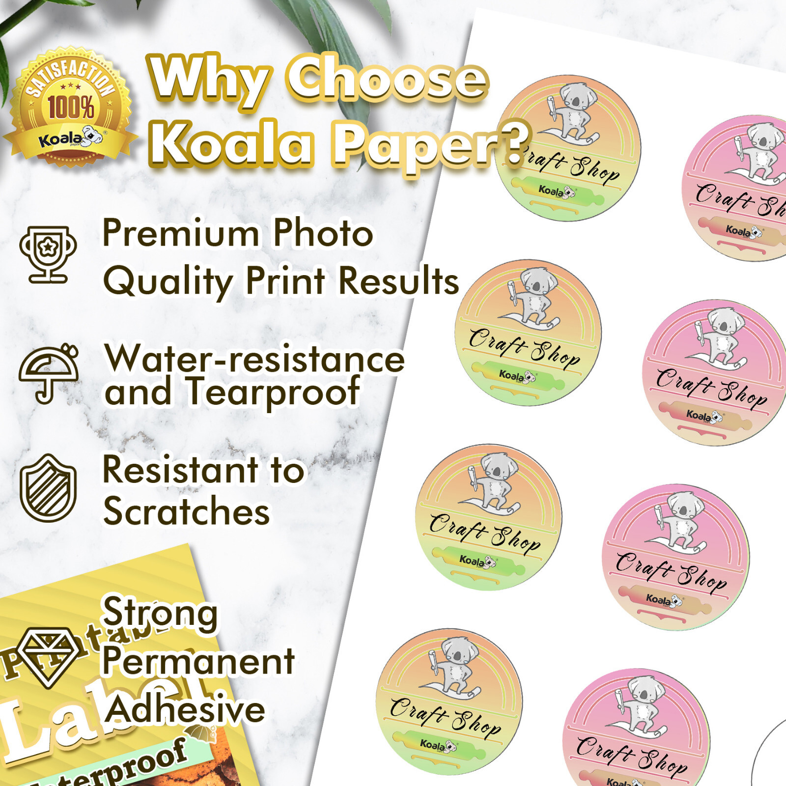 Koala Round Labels 2 Inch Printable Round Stickers Waterproof Matte White Label