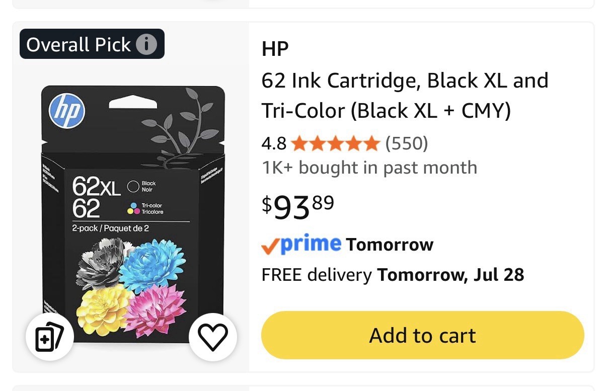 HP N9H67FN (62XL + 62) Black High Yield and Tri-Color Combo Pack Cartriges