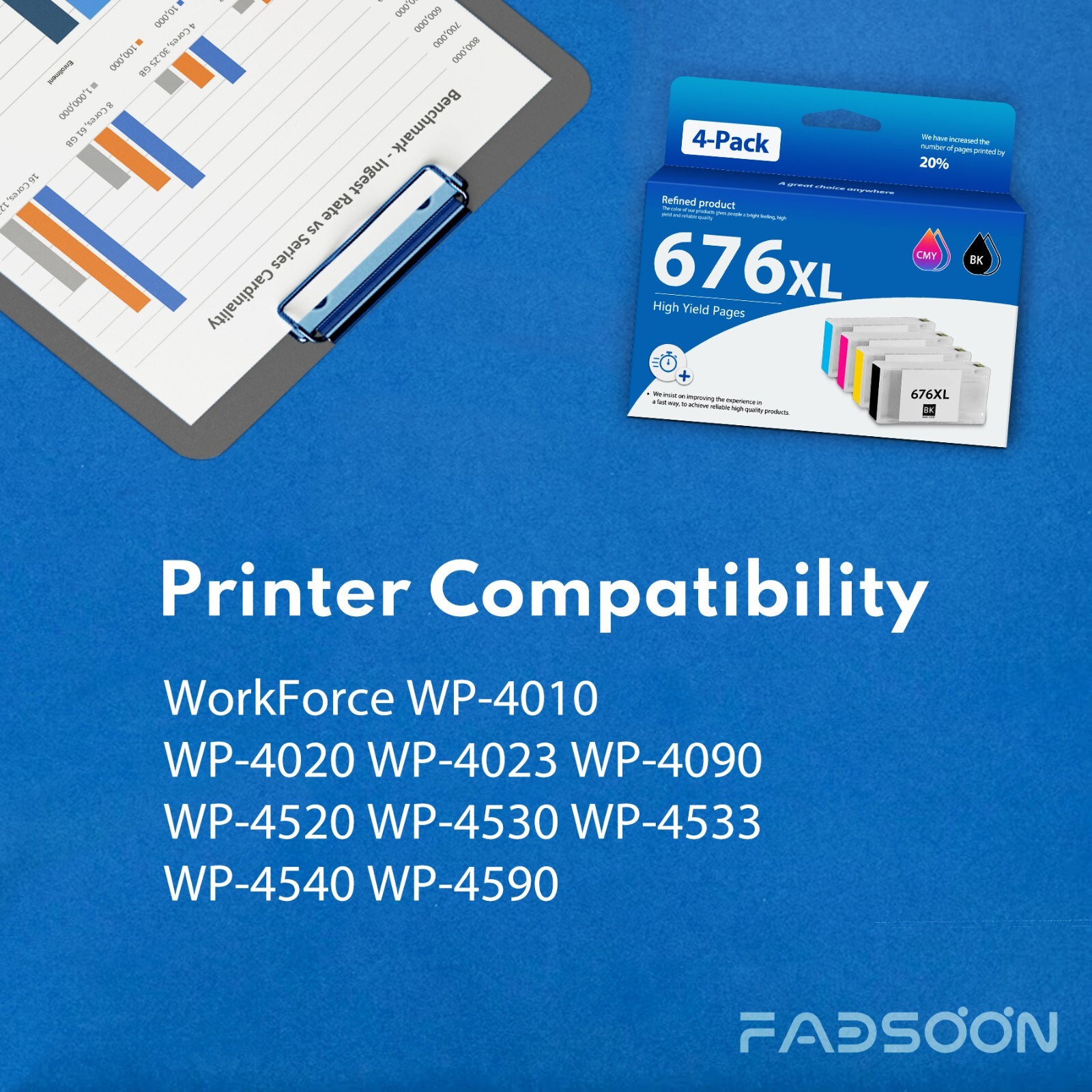 676XL Ink Cartridge 4PK with Chip Compatible for Epson Workforce WP-4020 WP-4530
