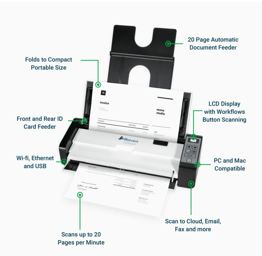 Raven Compact Document Scanner – Wireless Scanning to Mac or Windows PC