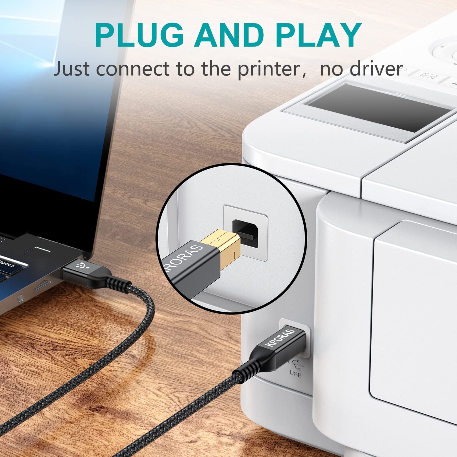 KRORAS USB 2.0 Printer Cable 20 feet, Type A Male to B 20FT, Black