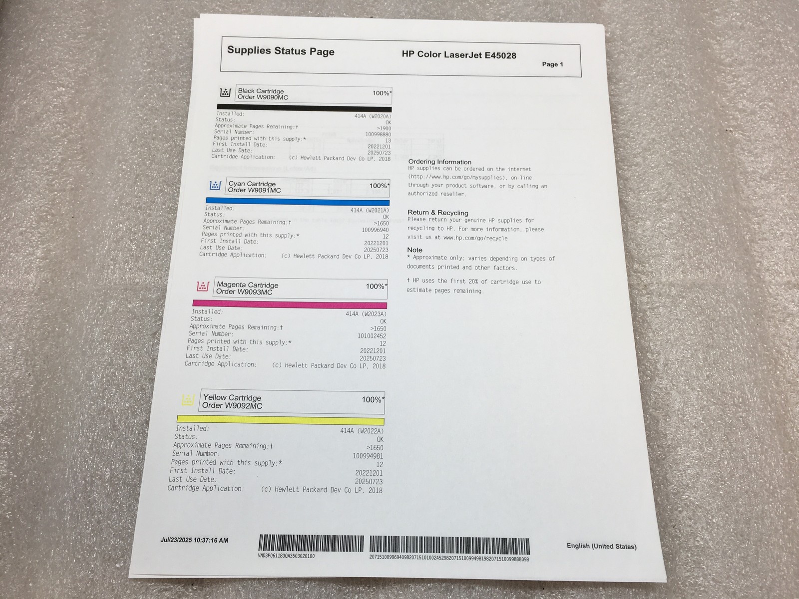 HP Color LaserJet E45028dn Duplex Printer 3QA35A Toner Included 2.2K page count