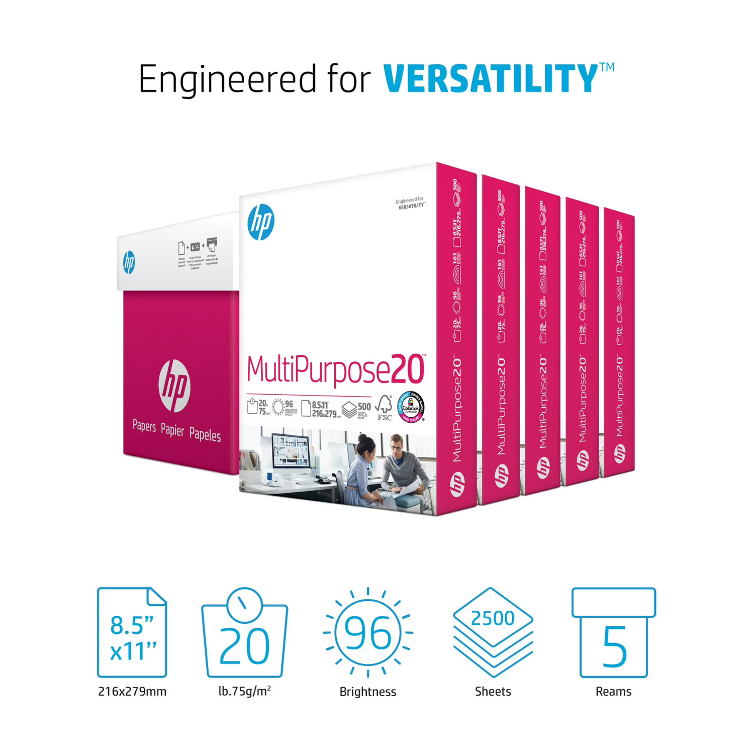 HP Printer Paper 8.5×11 Multipurpose 20lb 96 Bright 2500 Sheets 5 Ream Case